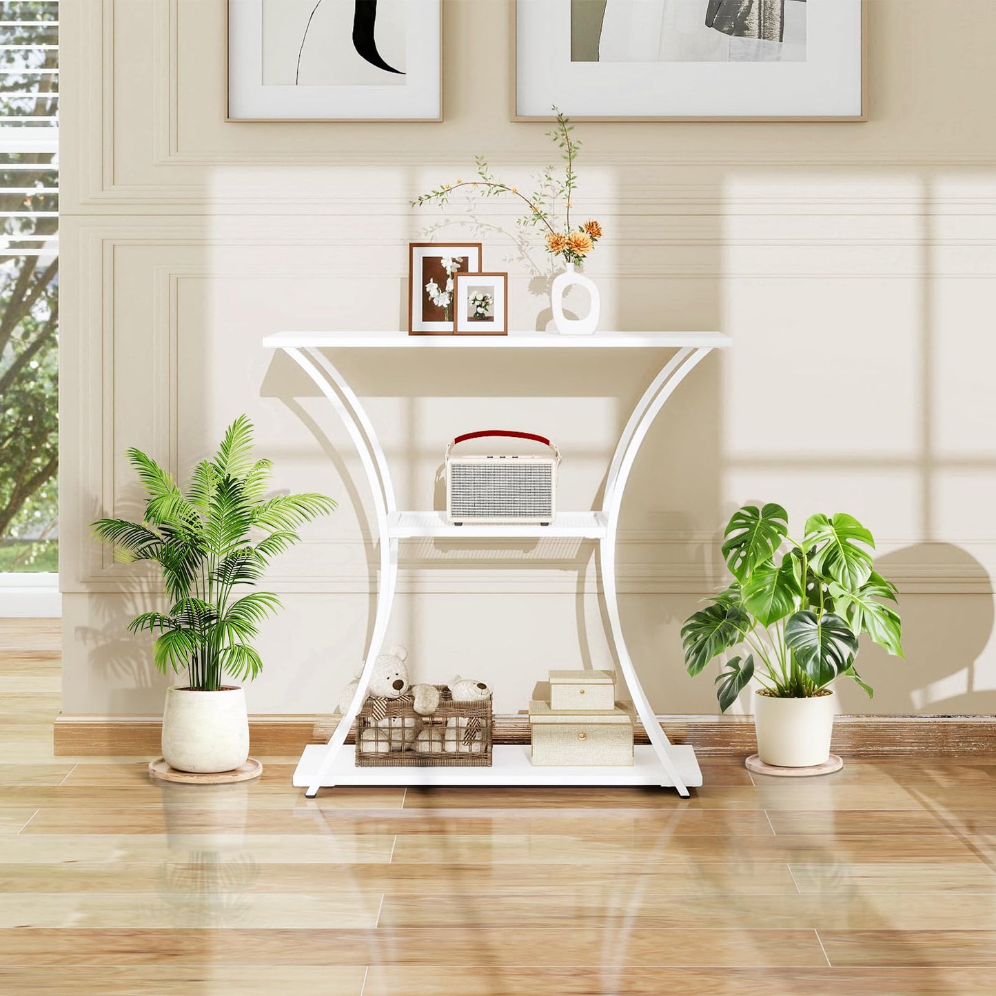 HDANI 3-Tier Metal Console Table with Grid Shelf, Narrow Hallway Table with Sturdy Frame, Narrow Entrance Table & Sofa Table for Hallway, Living Room