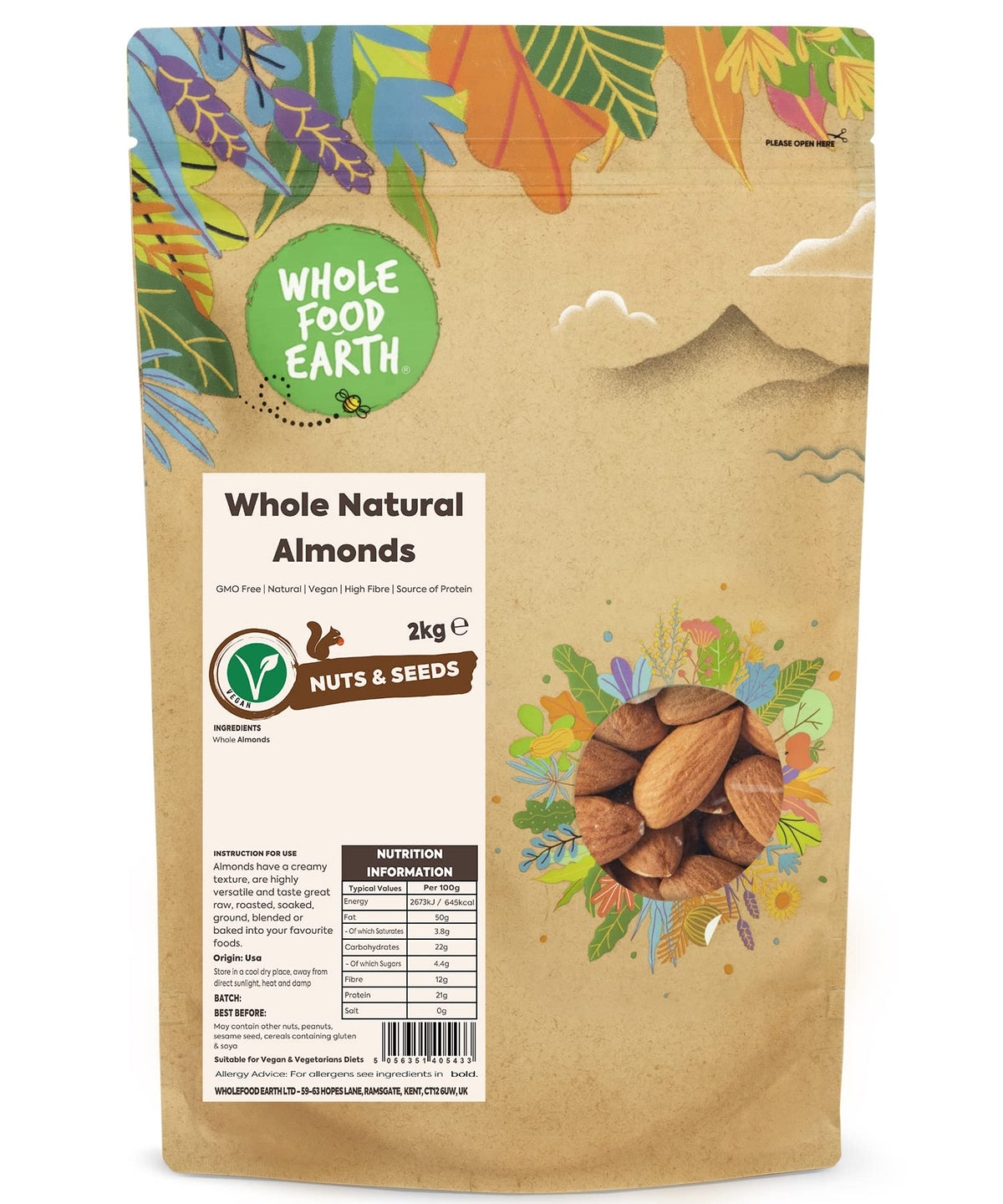 Wholefood Earth Whole Natural Almonds 2 kg | GMO Free | Natural | High Fibre | Source of Protein