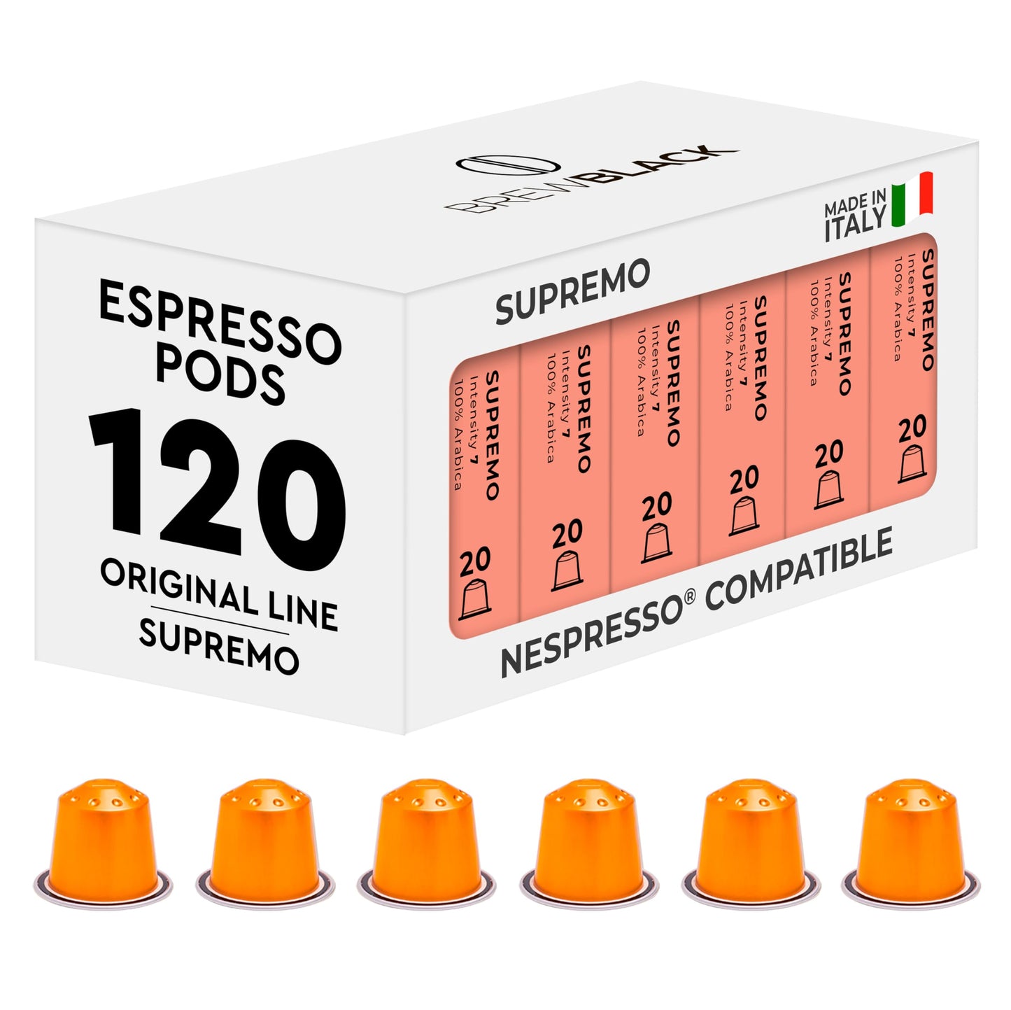 BrewBlack Supremo Coffee Capsules - 120 Aluminium Coffee Pods Compatible with Nespresso Original line, 100% Arabica Medium Roast - Intensity 7/12,