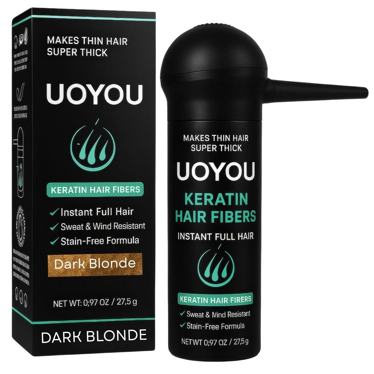UOYOU Hair Fibres DARK BLONDE 27.5g with Pump Applicator ? Natural Keratin Hair Building Fibers for Thinning Hair ? Undetectable, Sweat- &