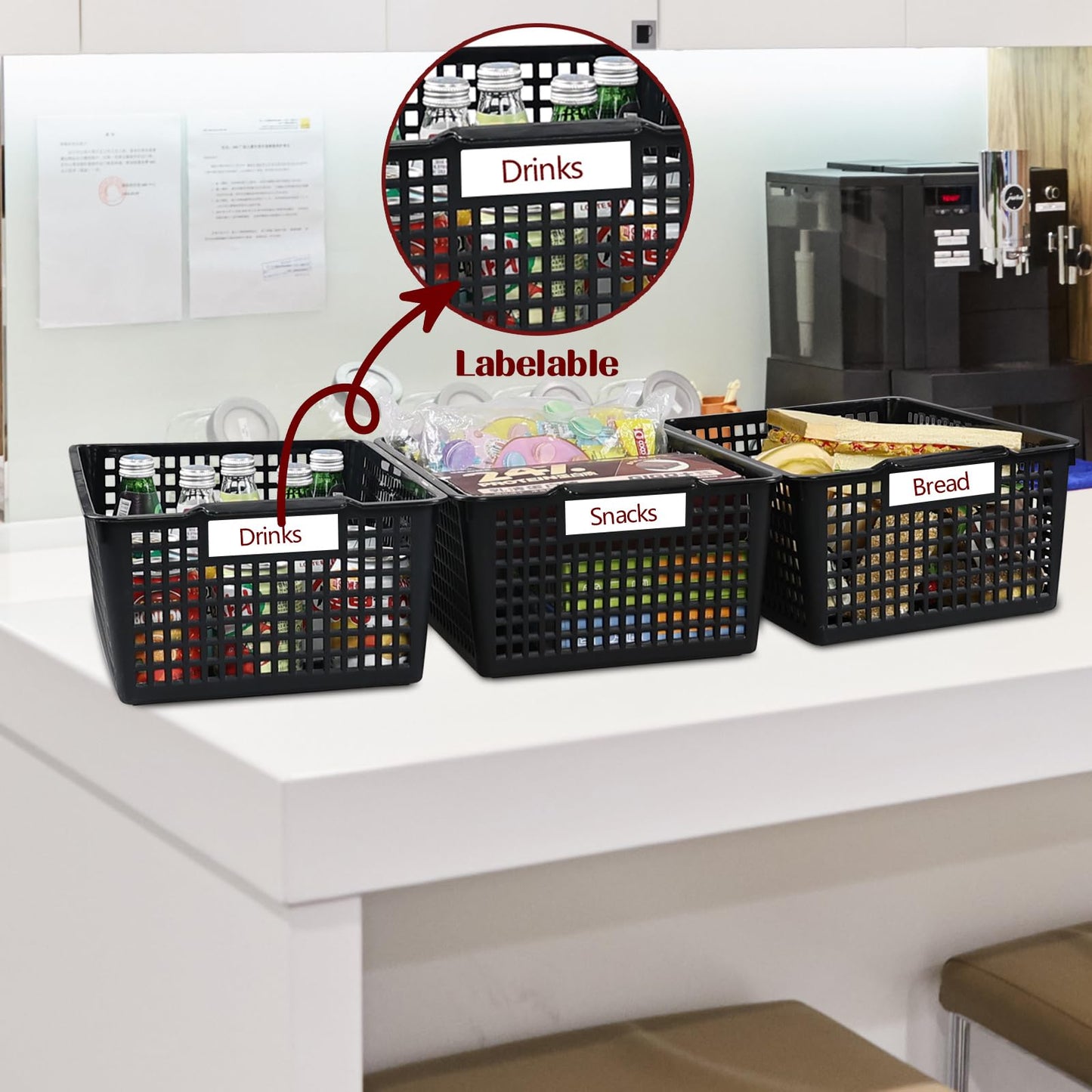 Guankan 3 Pack Large Plastic Storage Baskets, Black Cupboard Storage Basket