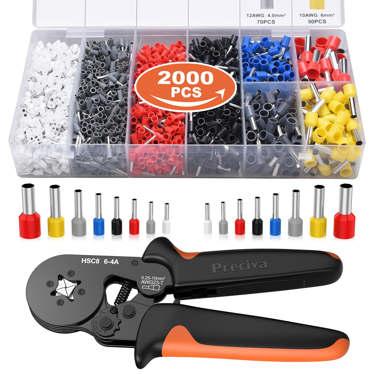 Crimping Tool Set & 2000 Ferrules, Preciva 0.25-10mm? / AWG23-7 Self-Adjusting Wire Crimper, Ratchet Design with Crimp connectors for Household &