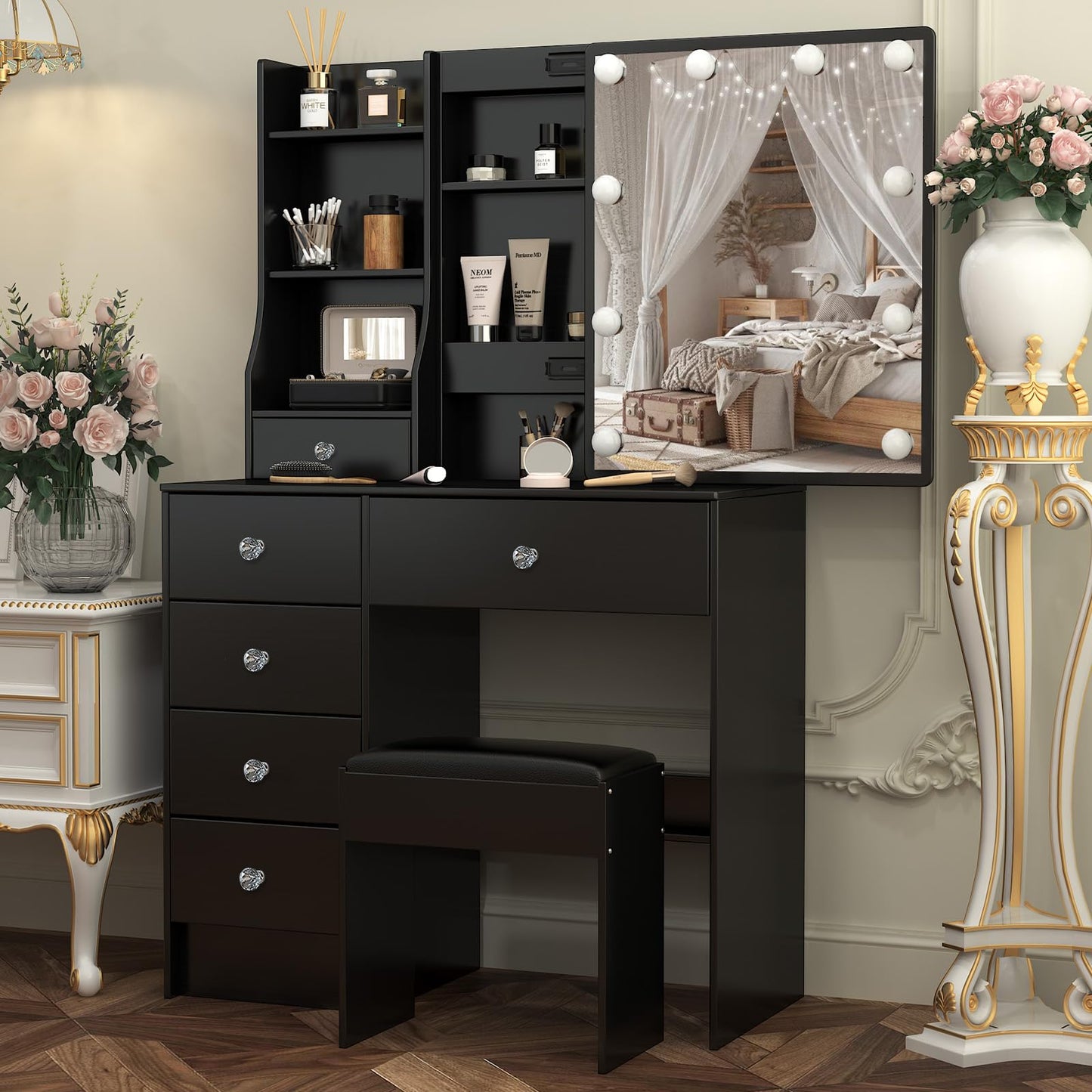Saimeihome Dressing Table with Sliding Mirror & Stool, Vanity Desk with 6 Drawers 6 Shelves, 3-Color Adjustable Lighting, Black Makeup Vanity for