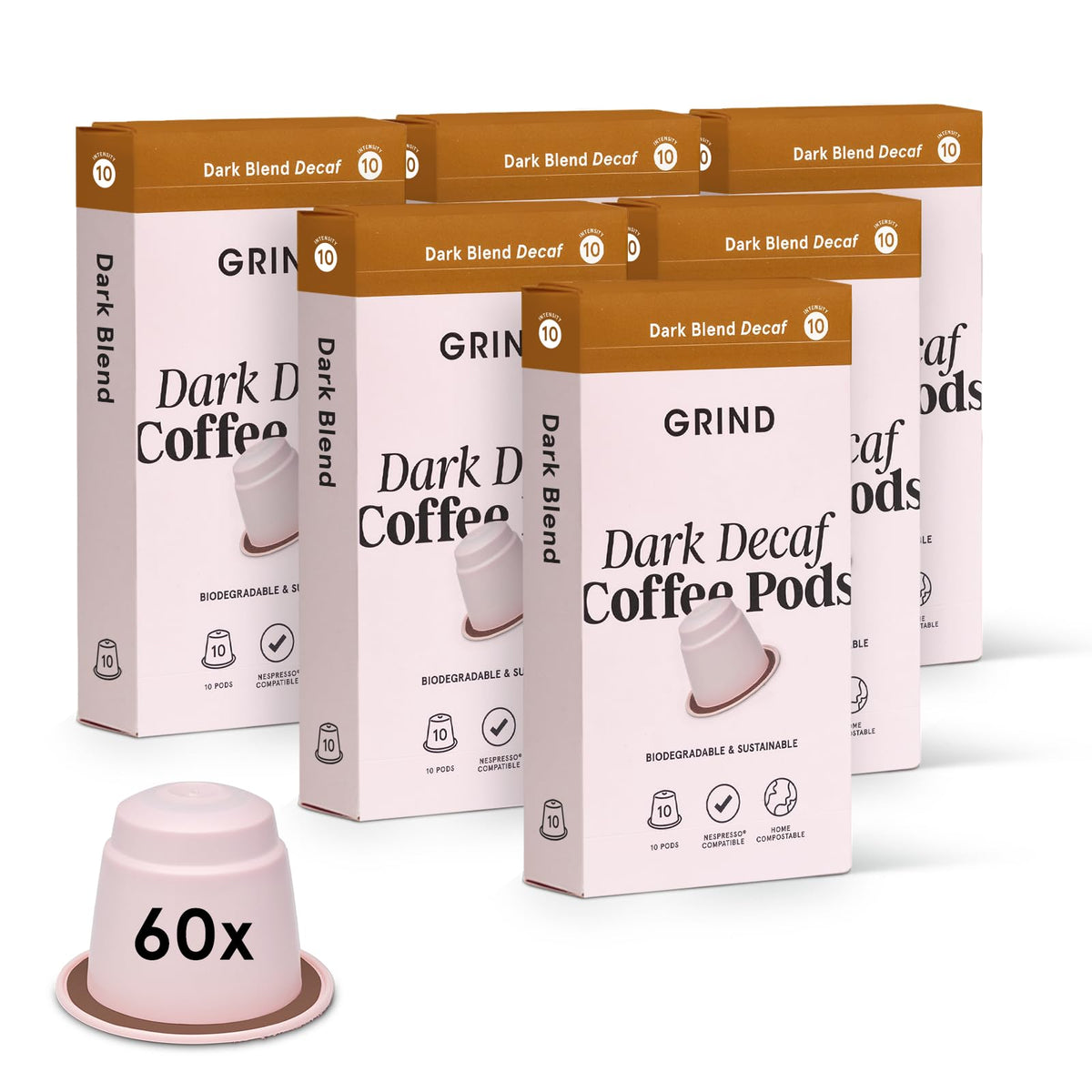 Grind Decaf Dark Coffee Pods ? Pack of 60 Biodegradable Capsules ? Naturally Decaffeinated ? Nespresso? Original Compatible ? Home Compostable ?