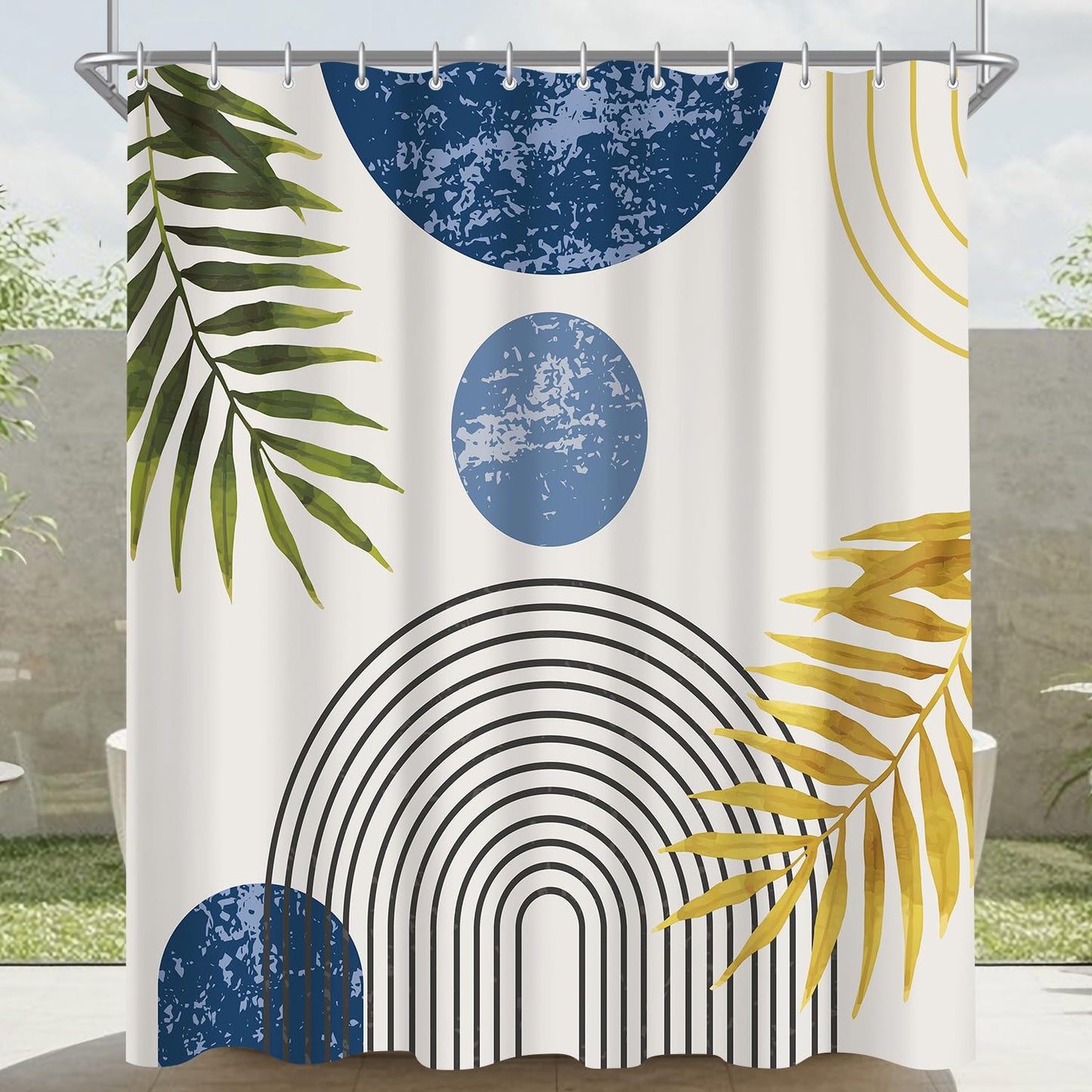 Lerores Shower Curtain, 120 x 200 cm, Blue Leaves Line, Weighted Hem, Anti-Mould Textile, Water-Repellent, Washable Polyester Bath Curtains with 12