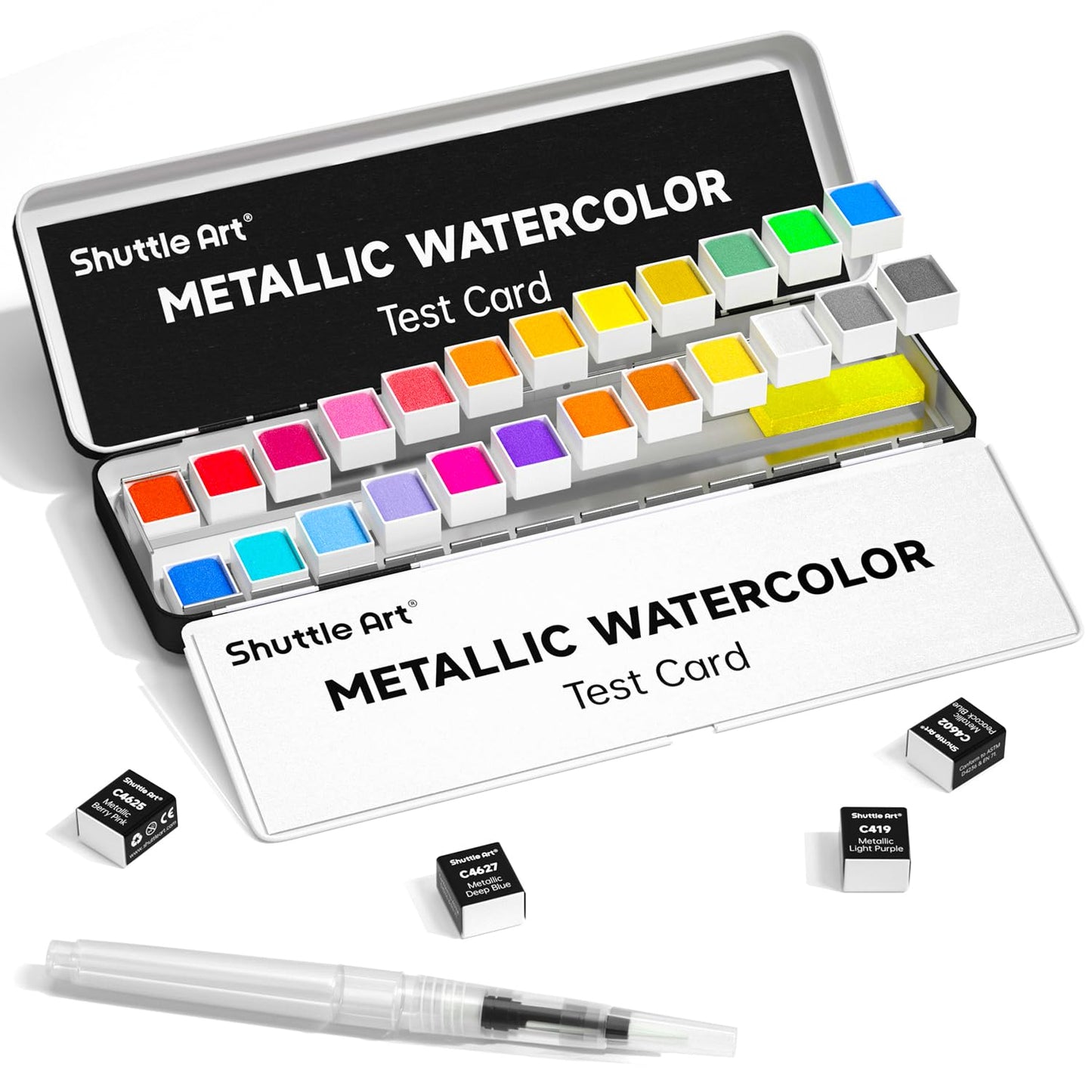 Shuttle Art Metallic Watercolour Paints Set, 24 Colours Glitter Watercolour Paints in Half Pan with Water Brush Pen Watercolour Pad &Metal Box, Art