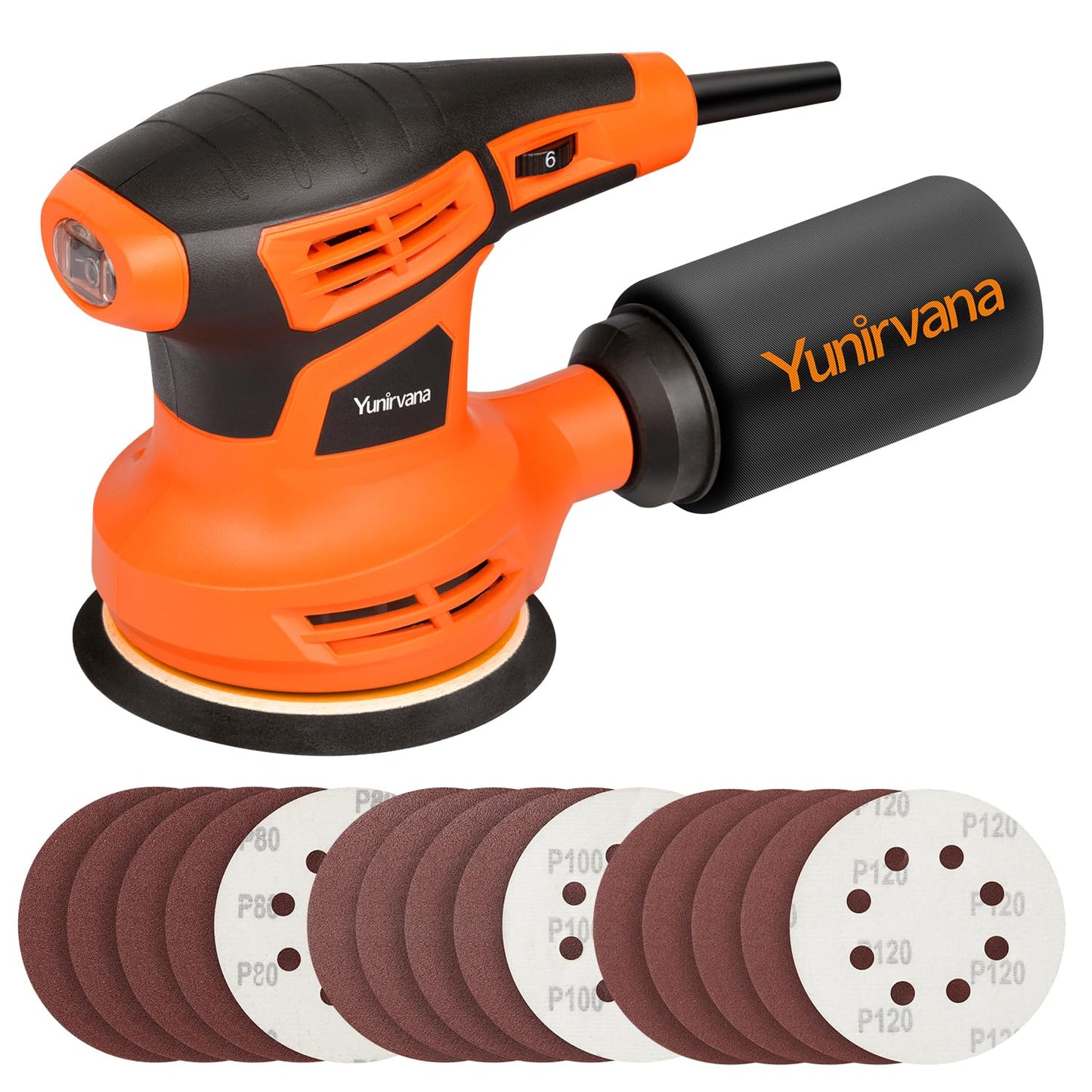 Yunirvana Orbital Sander, 280W Power, 13000 OPM, 6-Speed Random Orbit Sander with 15 Sanding Discs (125mm), Electric Sanding Machine with Dust