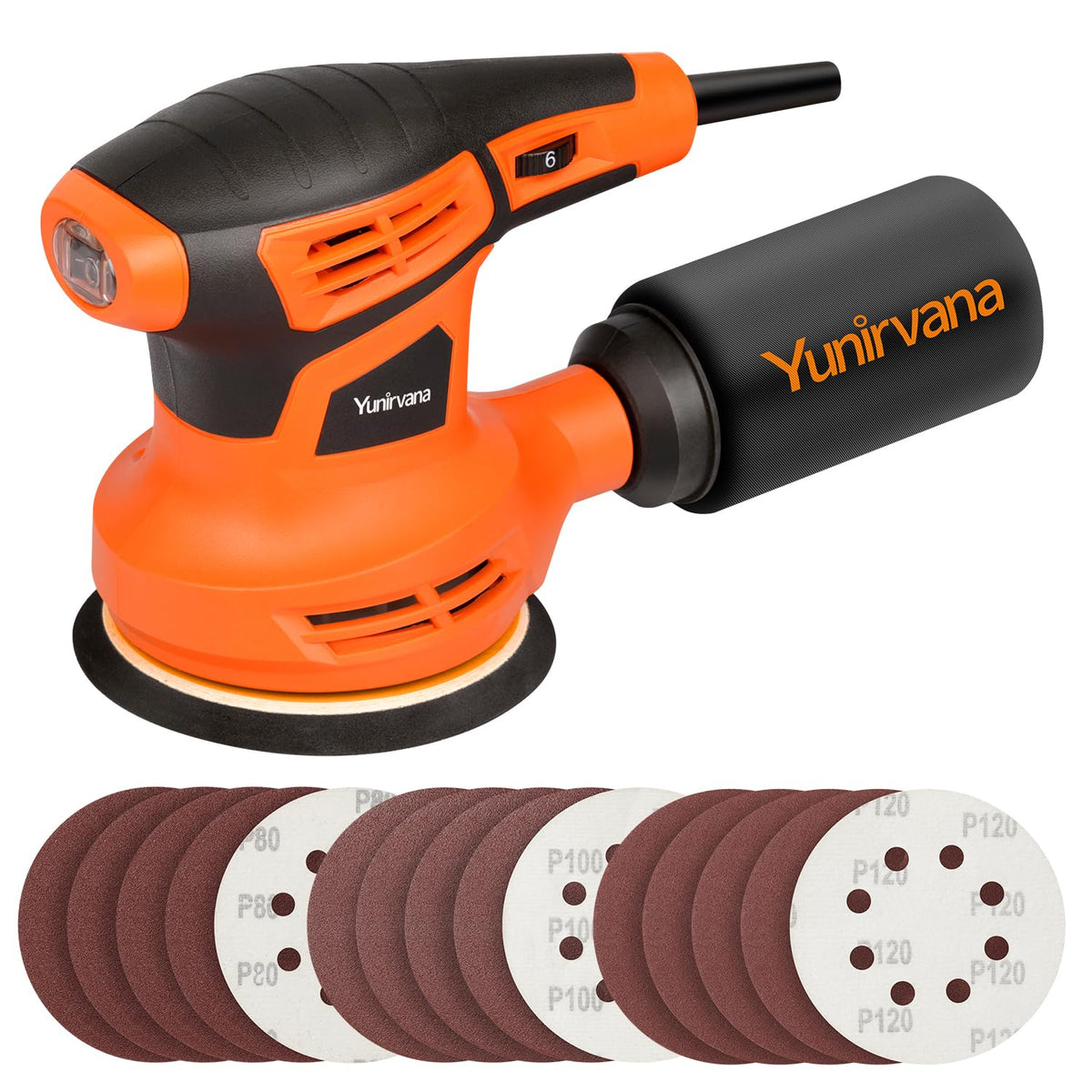 Yunirvana Orbital Sander, 280W Power, 13000 OPM, 6-Speed Random Orbit Sander with 15 Sanding Discs (125mm), Electric Sanding Machine with Dust
