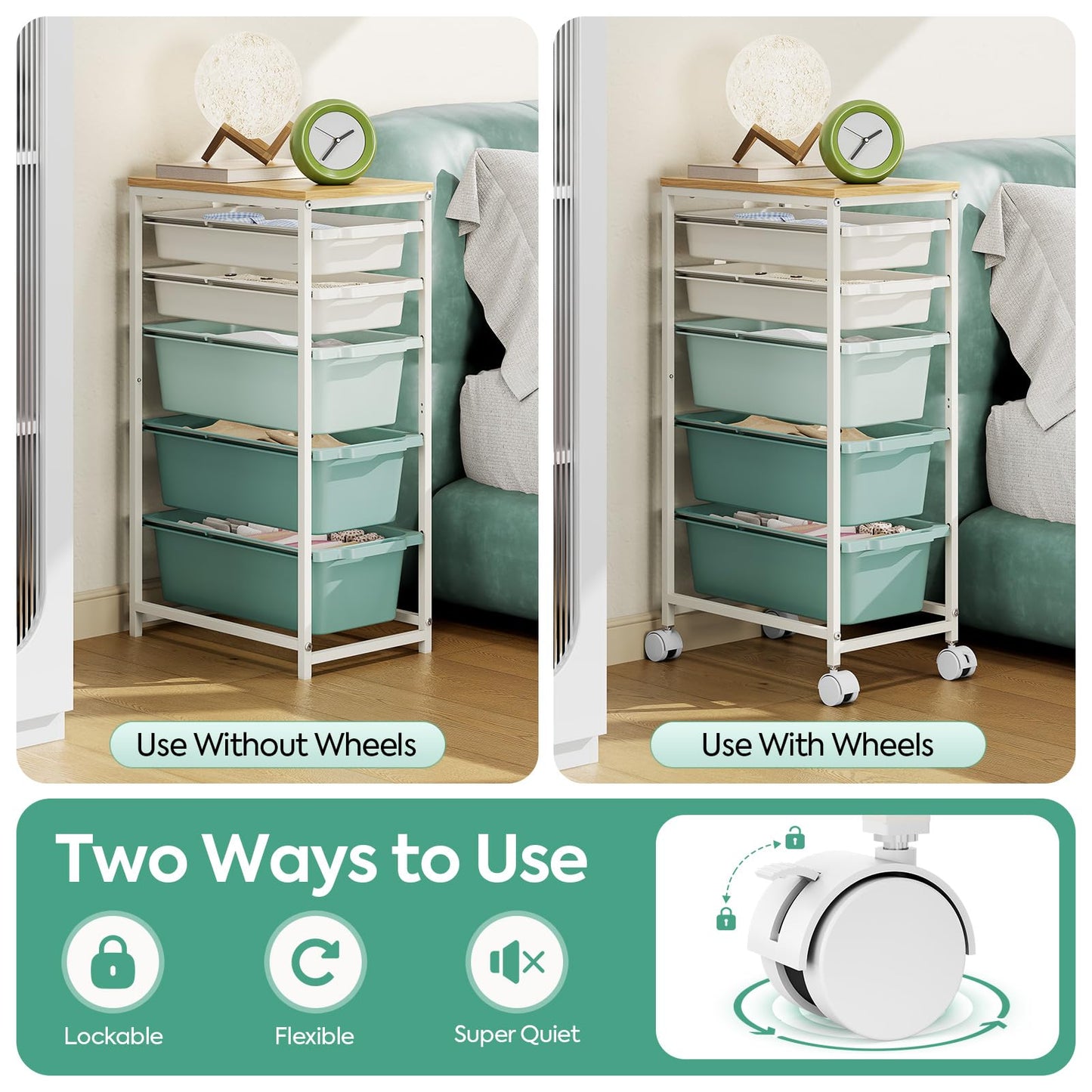 KINGBOARD 5 Drawers Storage Trolley on Wheels, Green