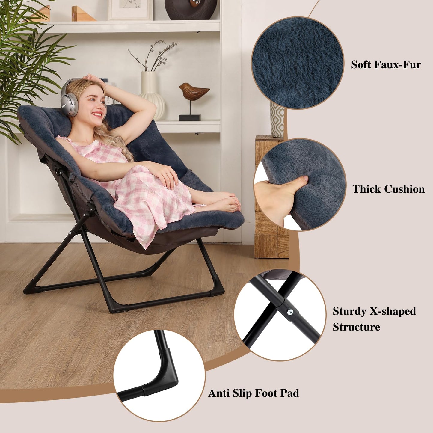 Mordchil EU Armchair Saucer Chair, Comfy Faux-Fur Reading Chair for Bedroom, Oversized Accent Moon Chairs for Teens and Adults