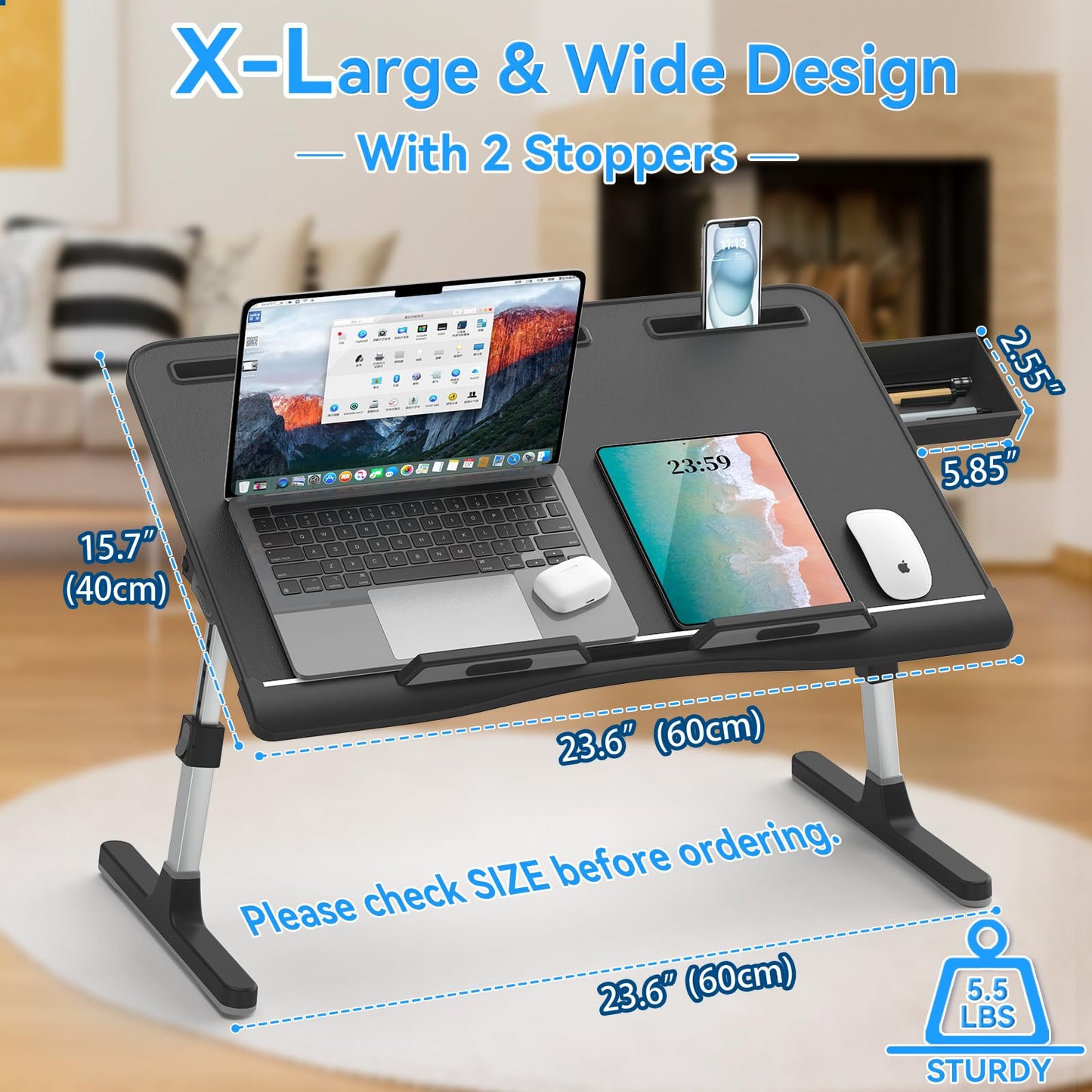 Laptop Bed Table, Potuopy Leather Adjustable Height Angle Bed Desk, X-Large Foldable Laptop Stand for Bed with Eco Wooden board for Working Reading