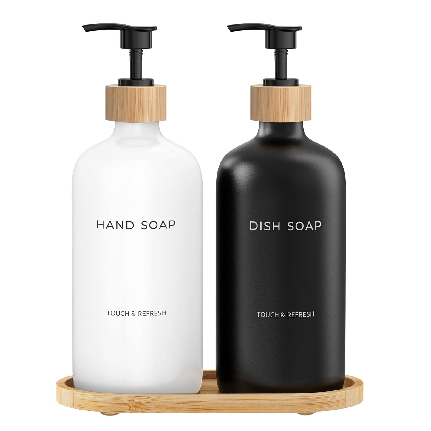 Soap Dispenser Set with Tray - Hand and Dish Soap Dispenser with Bamboo Pump Bottles for Kitchen Sink, Modern Kitchen Decor & Accessories