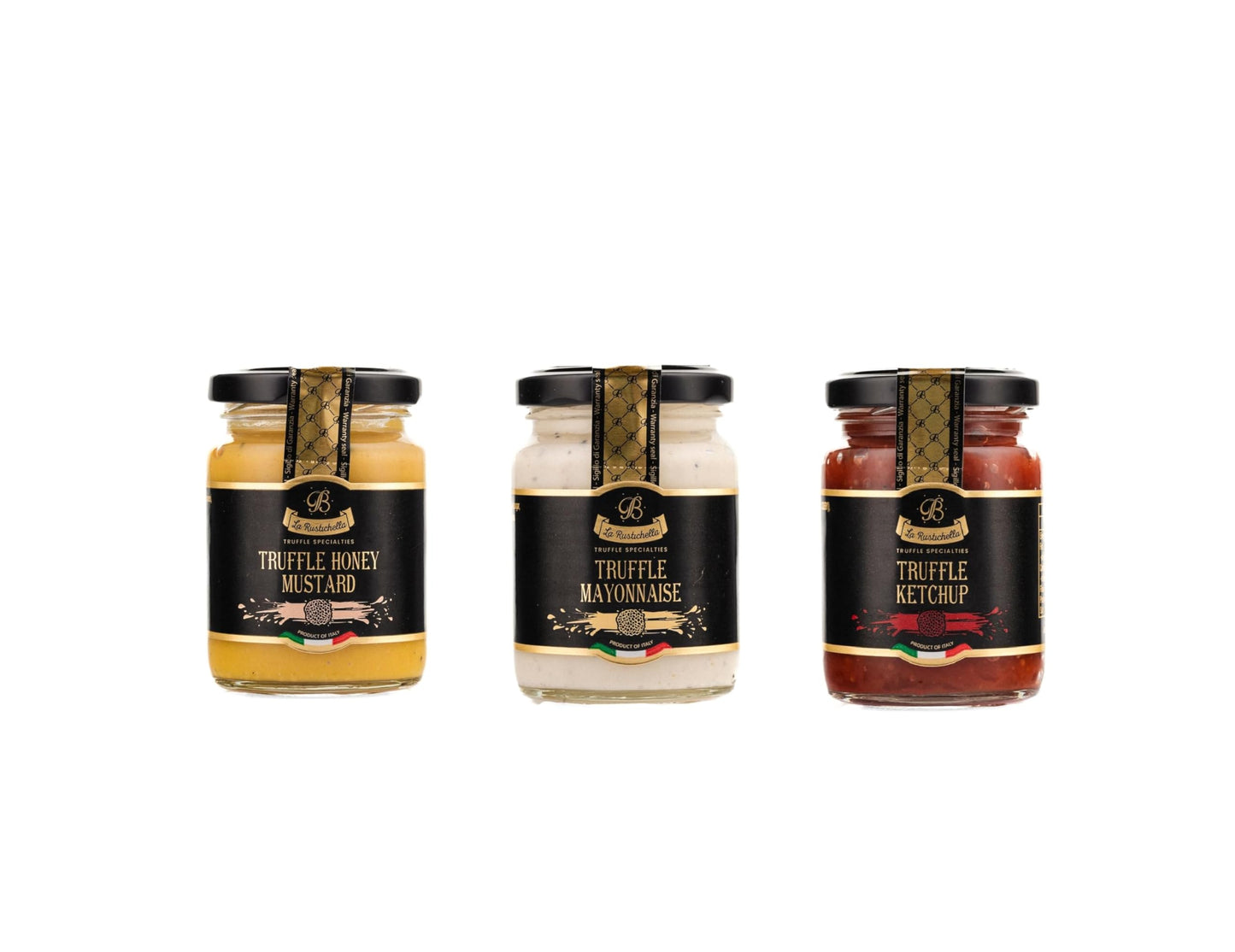 La Rustichella - Truffle Dip Sauces Set - Black Truffle Sauces: Ketchup 100gr, Mayonnaise 90gr, Sweet Honey Mustard 100gr