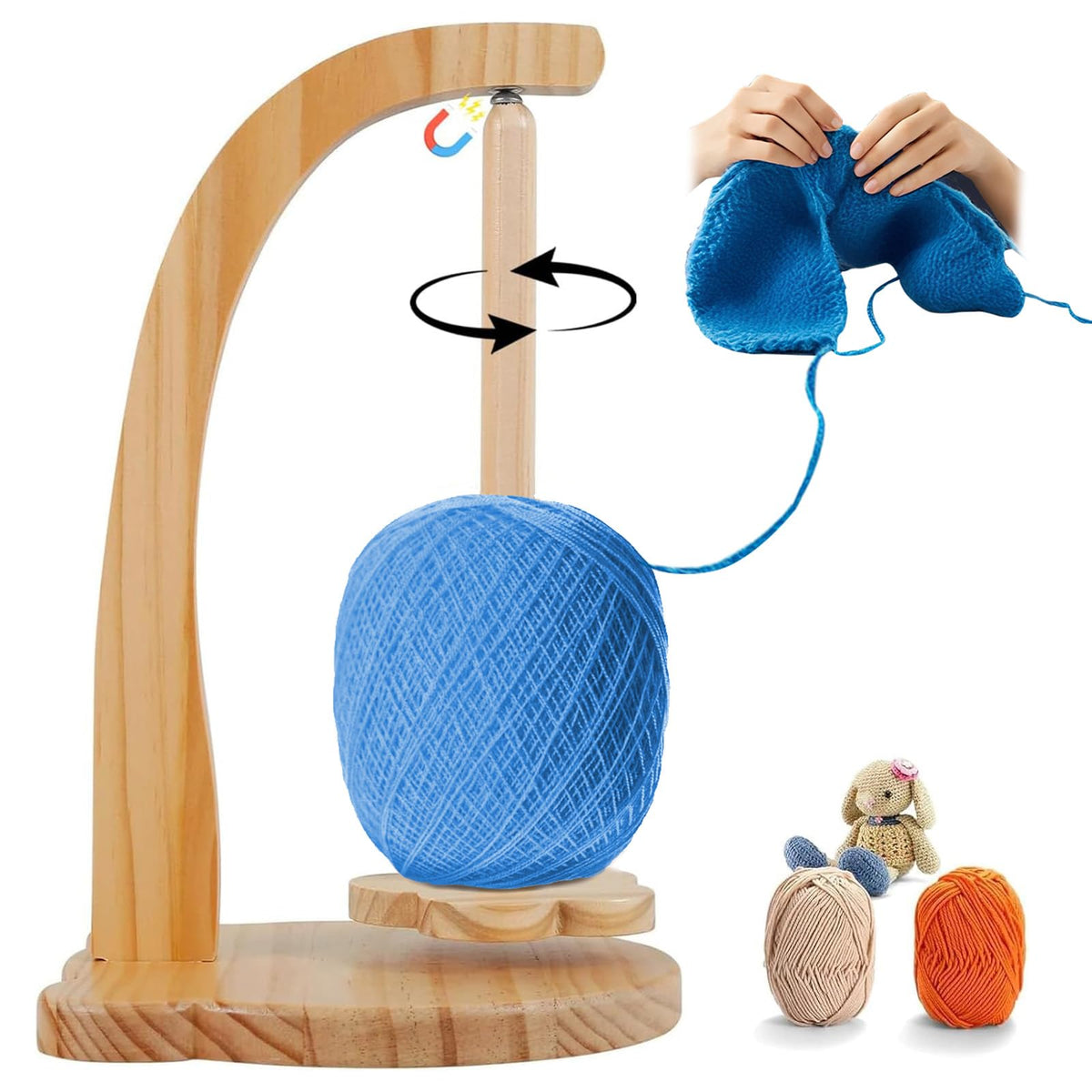 rolu Yarn Holder Portable Wooden Yarn Spinner Detachable Yarns Ball Holder Organizer with Rotating Magnetic Straight Axis Wooden Spinner for Knitting