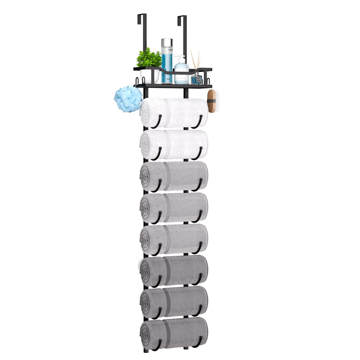 SWTYMIKI Over Door Towel Rail - 9 Tier Towel Racks for Bathroom Wall Mounted, Towel Holder with Shelf, Hanging Rolled Towel Storage Organizer for
