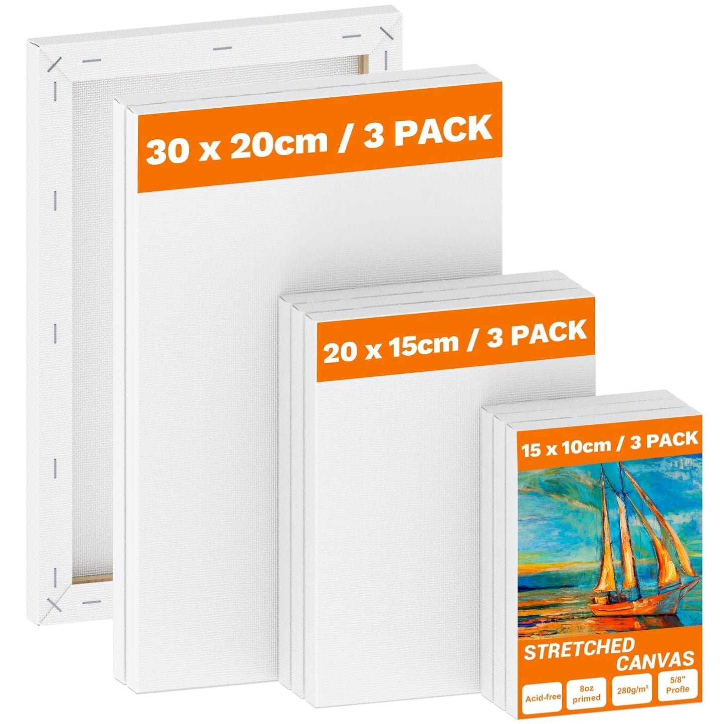 Koncci 9 Pack Stretched Canvas for Painting, Blank Canvas Set (30x20 20x15 15x10cm), Acid-Free/Cotton/280GSM/Triple Primed Canvases for Acrylic, Oil