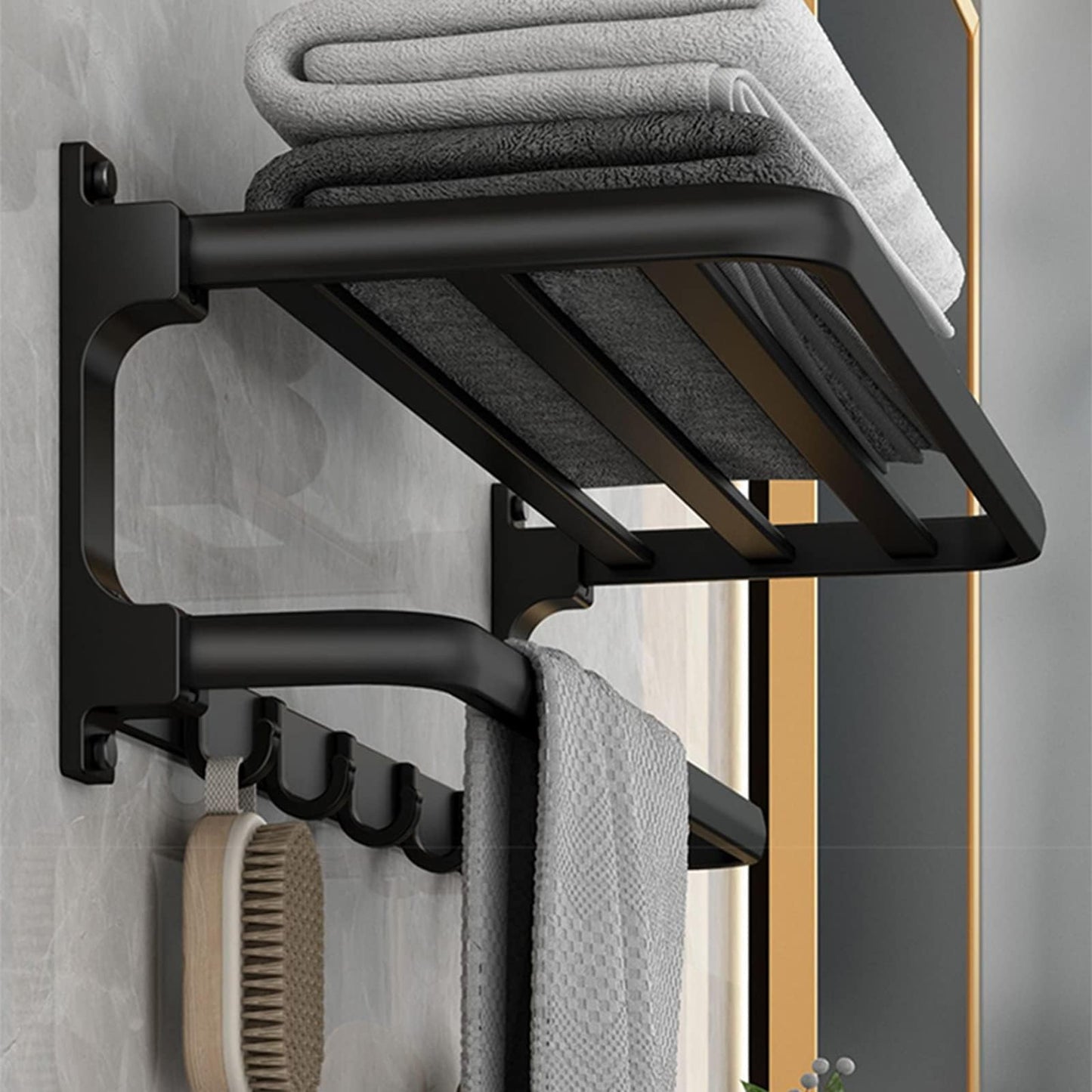 Towel Rack with Towel Bar Holder Towel Rail with 5 Hooks Foldable Towel Shelf Rustproof Towel Storage Wall Mount for Bathroom Lavatory Matte Black