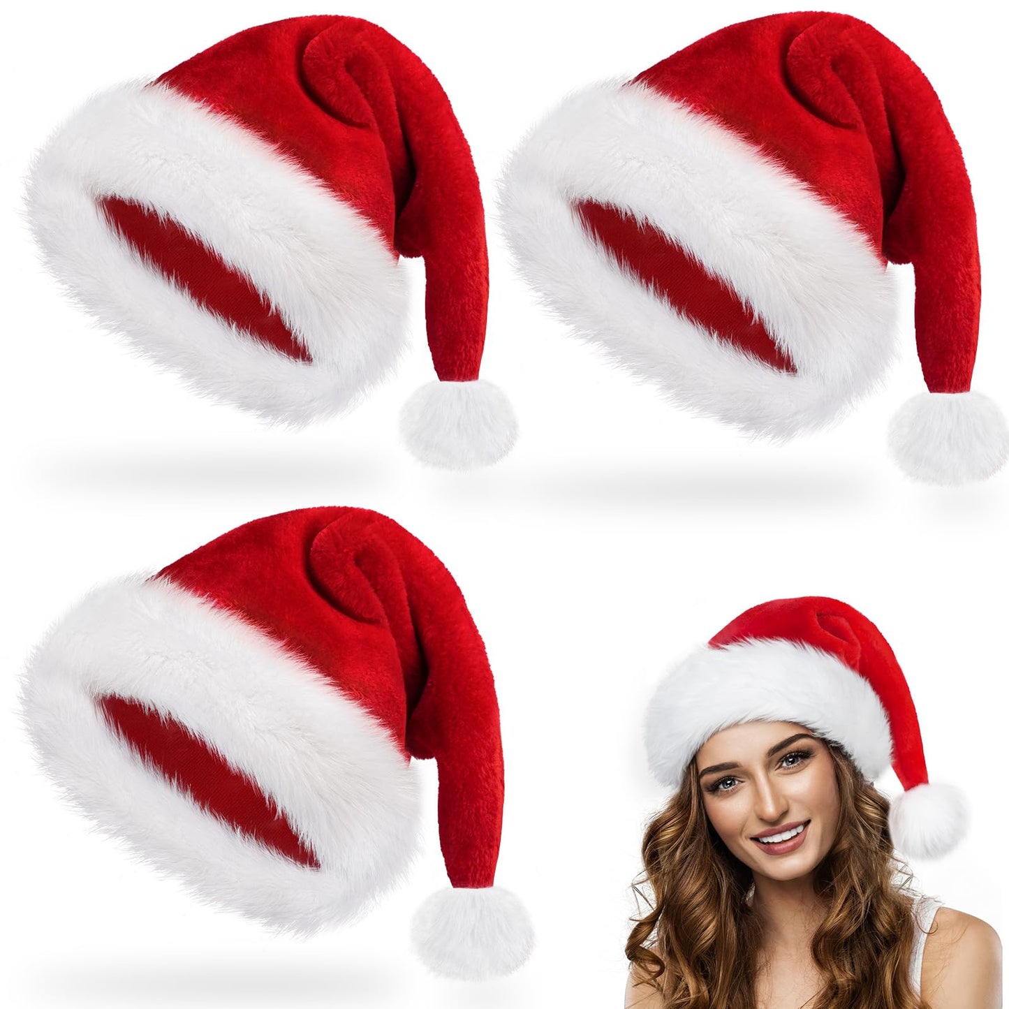 3 PCS Santa Christmas Hats for Adults Bulk, Luxury Father Christmas Hats Plush Xmas Santa Claus Hat, Velvet Comfy Santa Outfit for New Year Festive