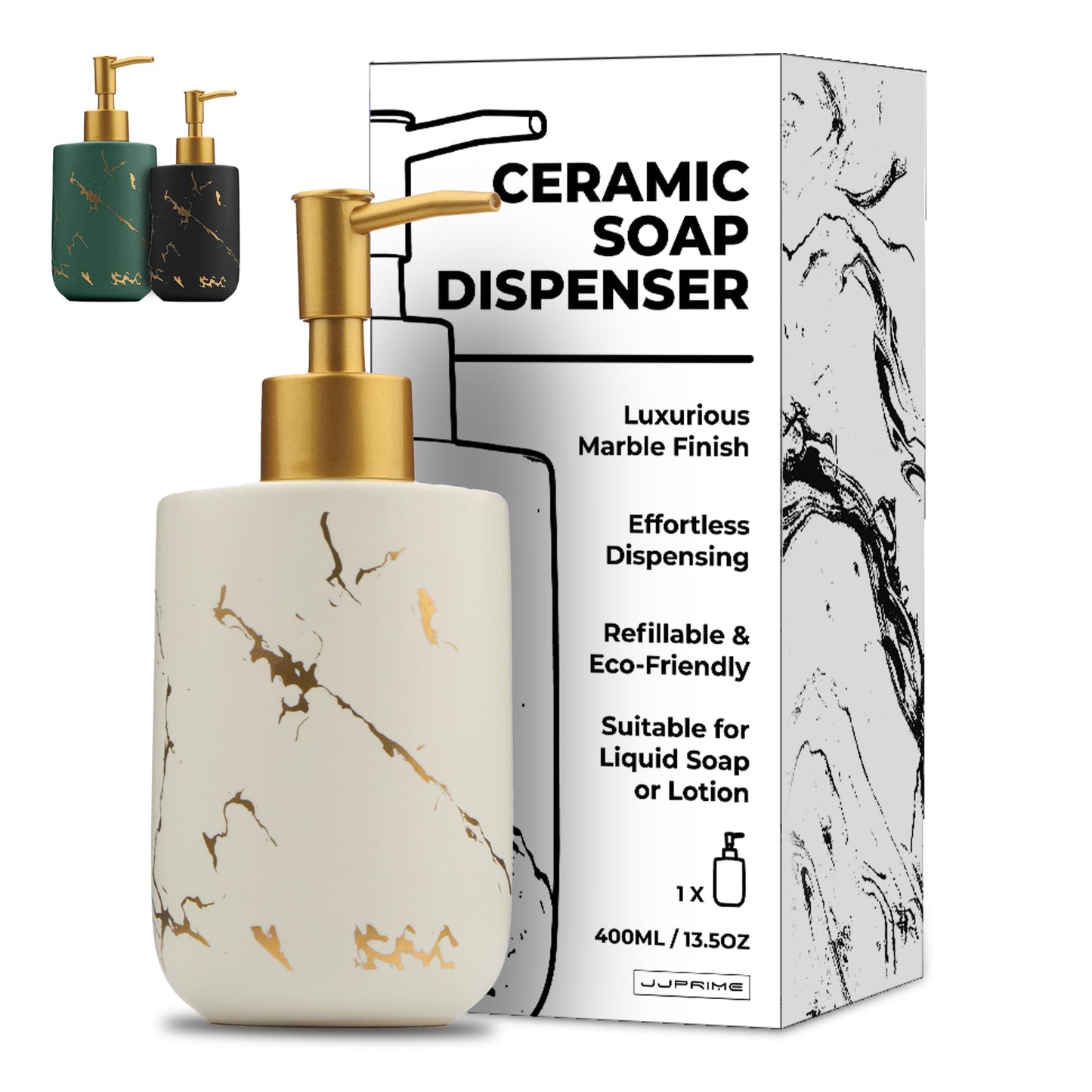 JJ PRIME - Ceramic Shower Soap Dispenser 400ml | Marble Look Pump Bottle Dispenser | Hand Soap Dispenser Bottle with Pump | for Kitchen and Hand Wash
