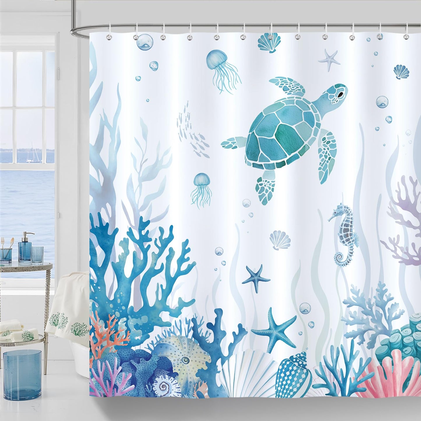 COZZSNUGE Sea Turtle Shower Curtain, Fish Coral Starfish Blue Ocean Coastal Bathroom Curtain 183 x 183 cm, Water Repellent Mildew Resistant Polyester
