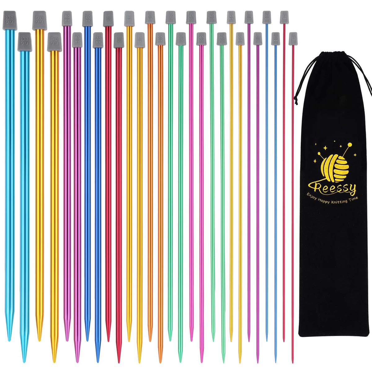 Reessy Coloured Knitting Needles Set-35cm Long, 28 Pcs/14 Pair 2 mm-10 mm Aluminium Single Pointed Needle, Long Knitting Needles, Straight Metal