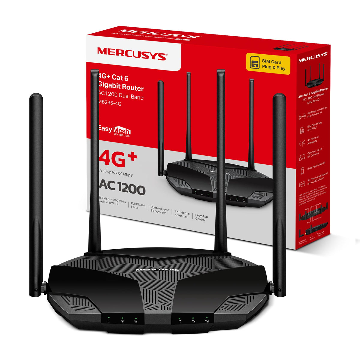 MERCUSYS MB235-4G Cat6 AC1200 Routers,4G Router with Sim Slot, Dual-Band TP-Link WiFi Router,EasyMesh,4G LTE Plug and Play,VPN Encryption,Detachable