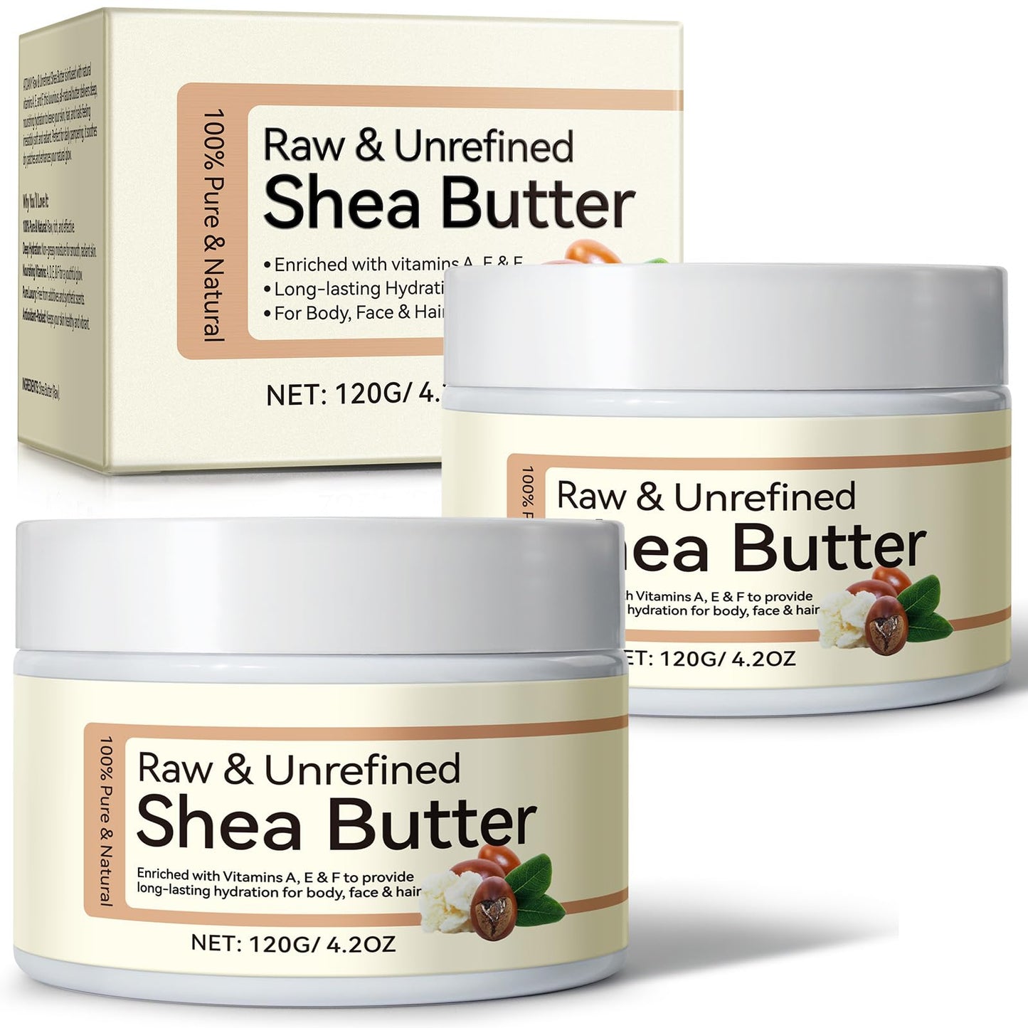 2PCS Organic Shea Butter, Raw & Unrefined Shea Butters for Body, Face & Hair, Pure Shea Butter with vitamins A, E & F, Long-Lasting Hydration for Dry