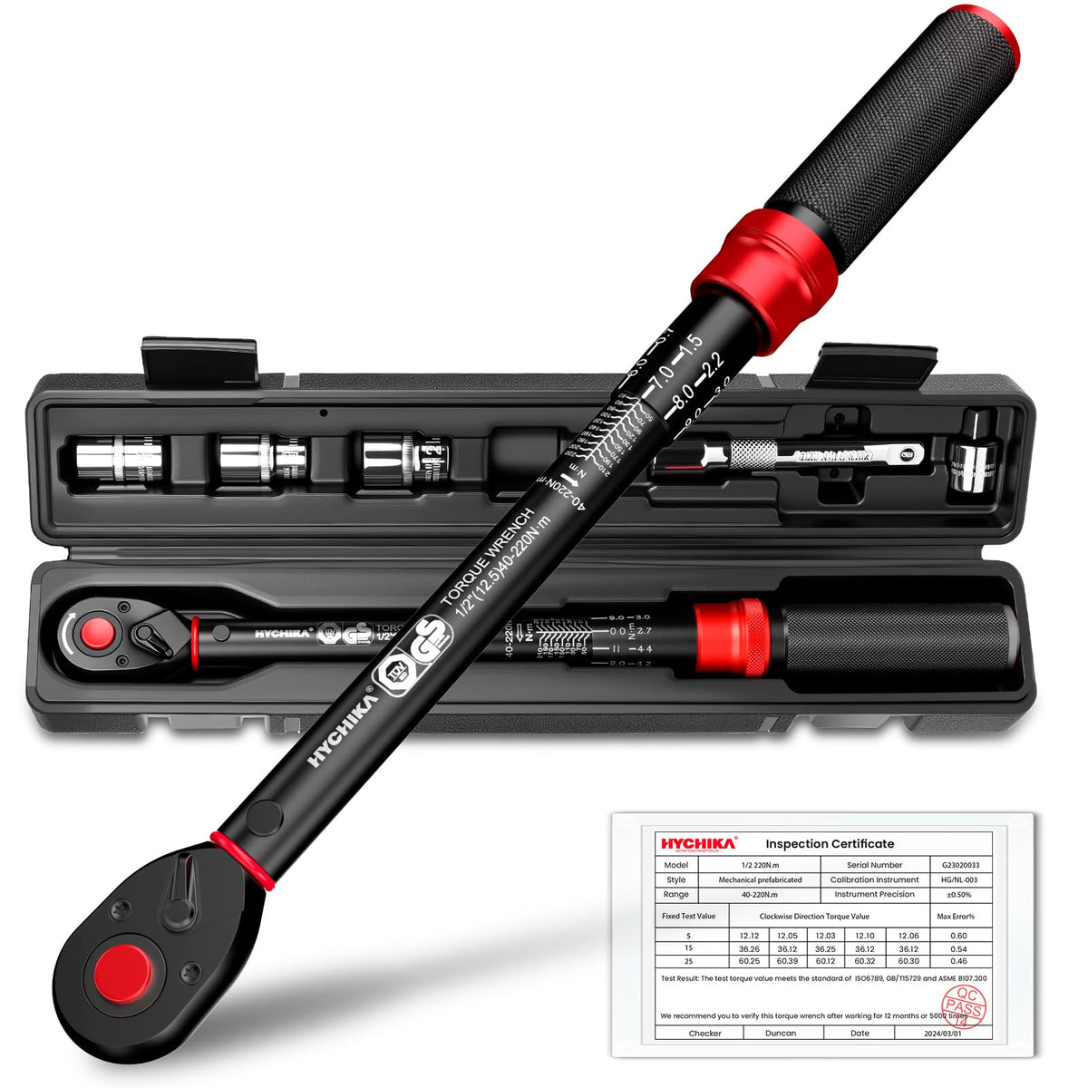 HYCHIKA 1/2" Drive Click Torque Wrench 40-220 Nm, ?2% Accuracy, Dual-Direction 72-Tooth, with 3/8" Adapter, 125mm Extension Bar & 17,19,21mm Sockets