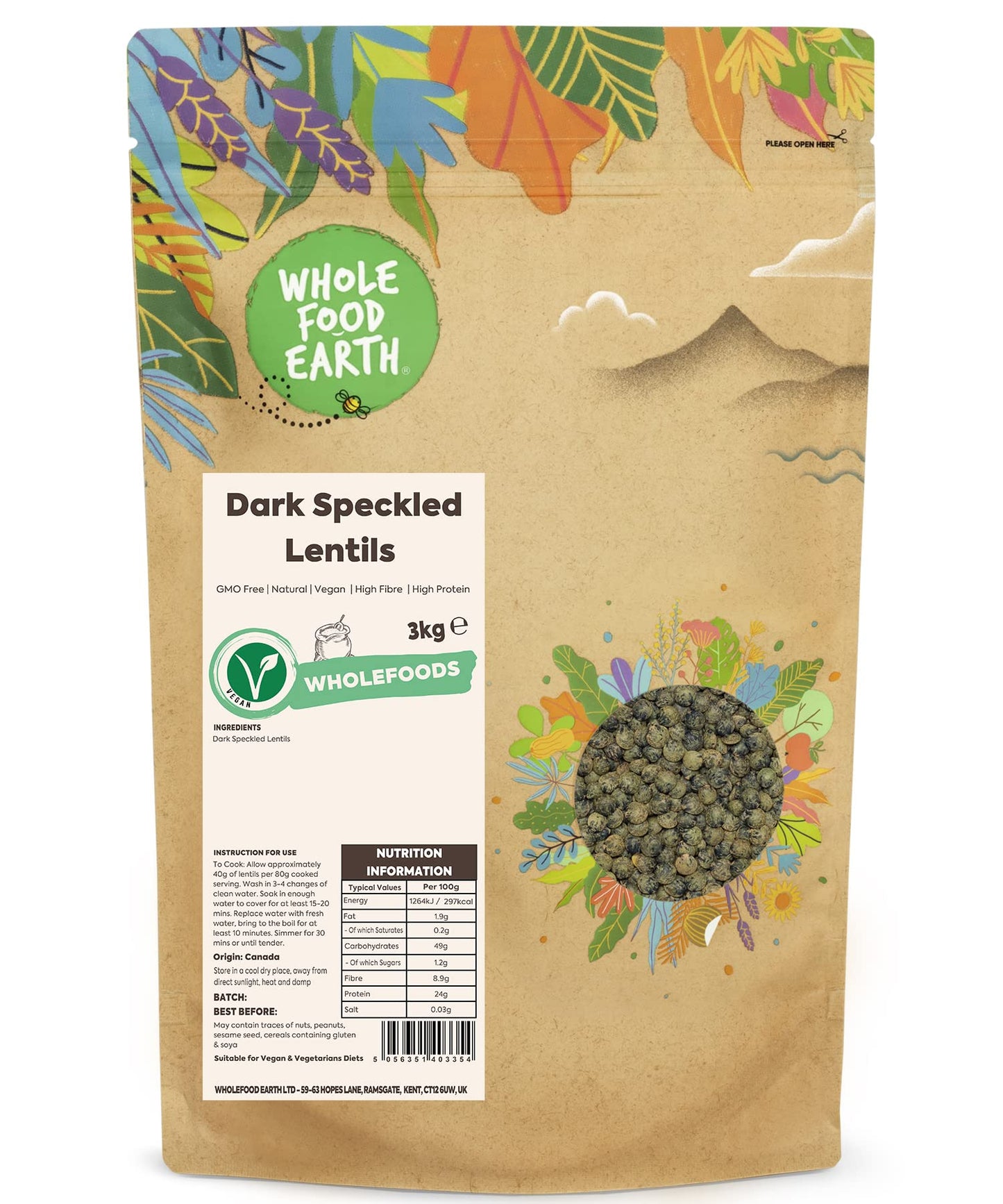 Wholefood Earth Dark Speckled Lentils 3 kg | GMO Free | Natural | High Fibre | High Protein