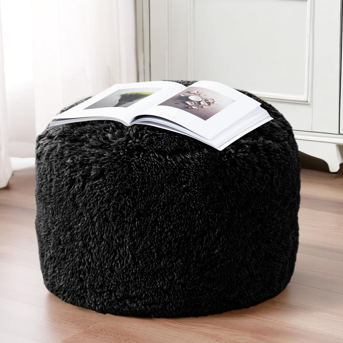 HIGOGOGO Faux Fur Beanbags Round Footstool Bean Bag Pouf with Foam Chunk Filling, 65 x 45 cm Floor Poufs Foot Rest for Living Room, Black