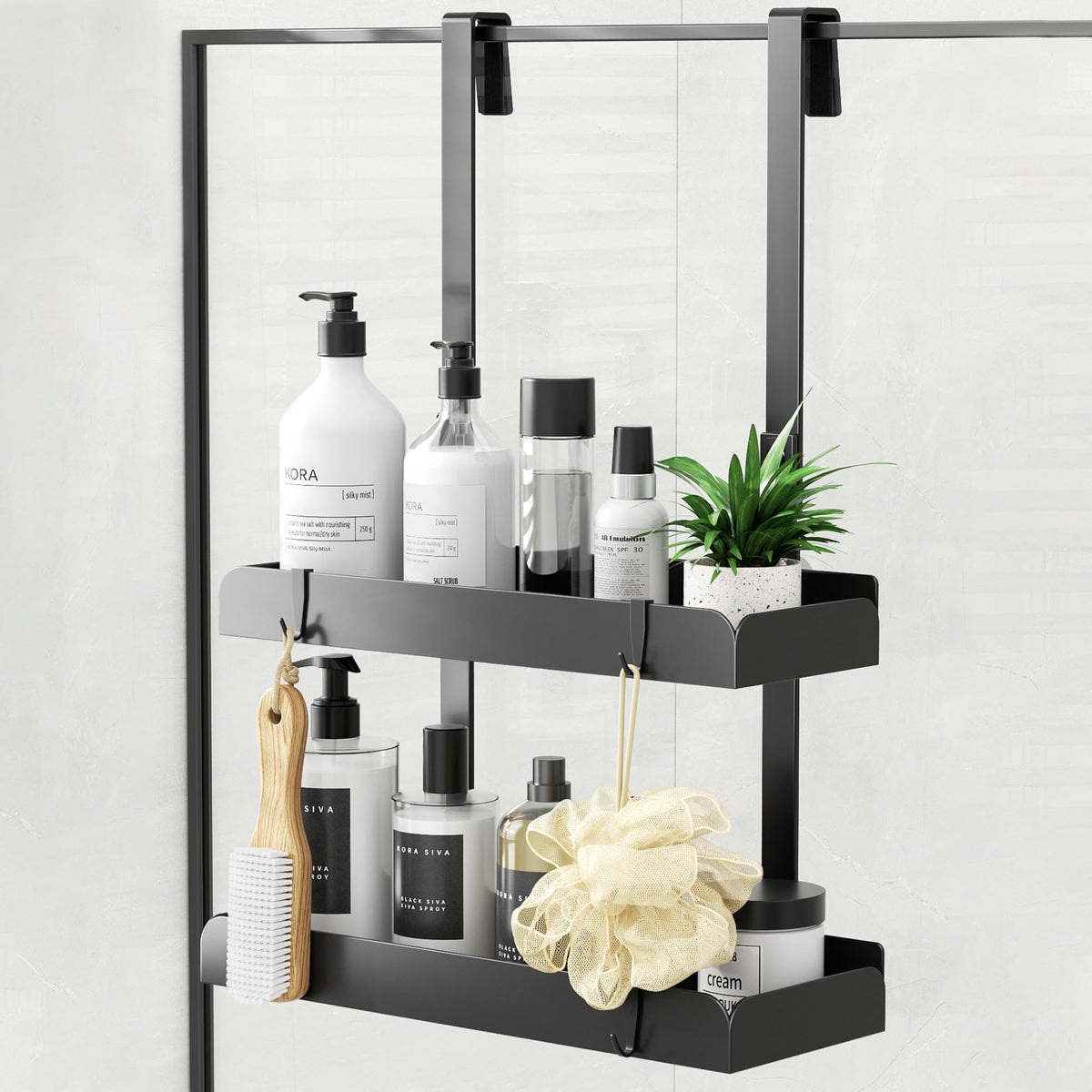 pickpiff Shower Caddy Hanging Organiser Storage - Over Door Shower Shelf No Drilling Bathroom Rack Basket Bath Accessories No Drilling Black 2-Tier
