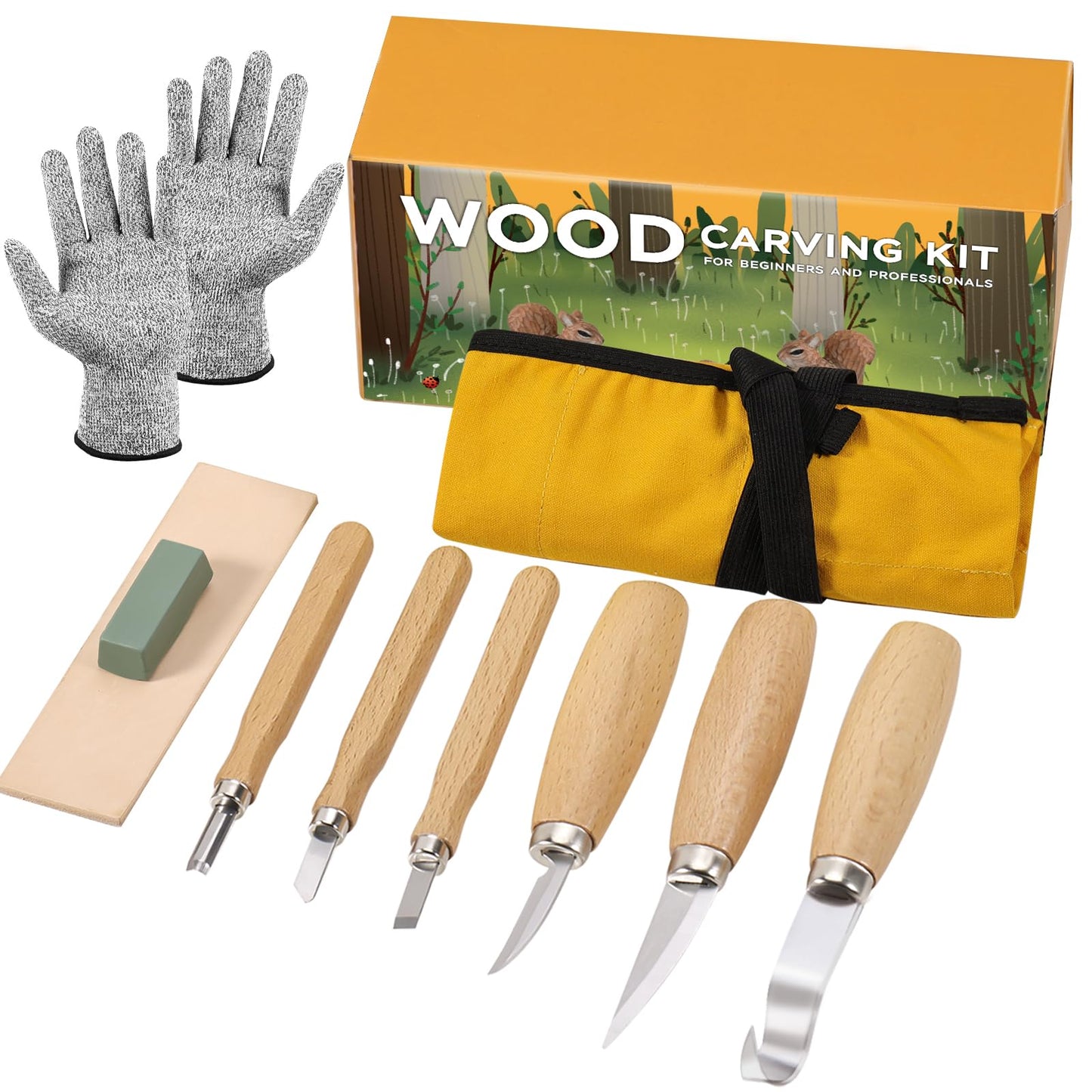 Wood Carving Tools, 10 in 1 Wood Whittling Kits, Chip Carving Tools Set, with 0 Basswood Carving Block, 6PCS Whittling Tools, Gloves, Sharpener, Roll