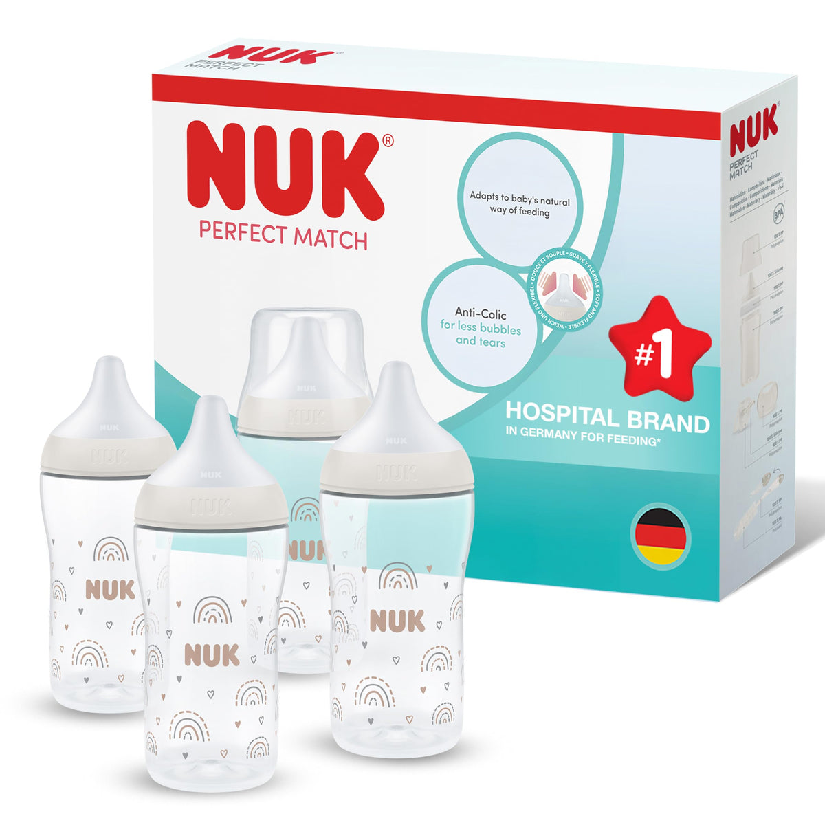 NUK Perfect Match Baby Bottle | 3+ Months | 260ml | Anti Colic Feeding Bottle | PP | Temperature Control Indicator | Rainbow | 4 Count