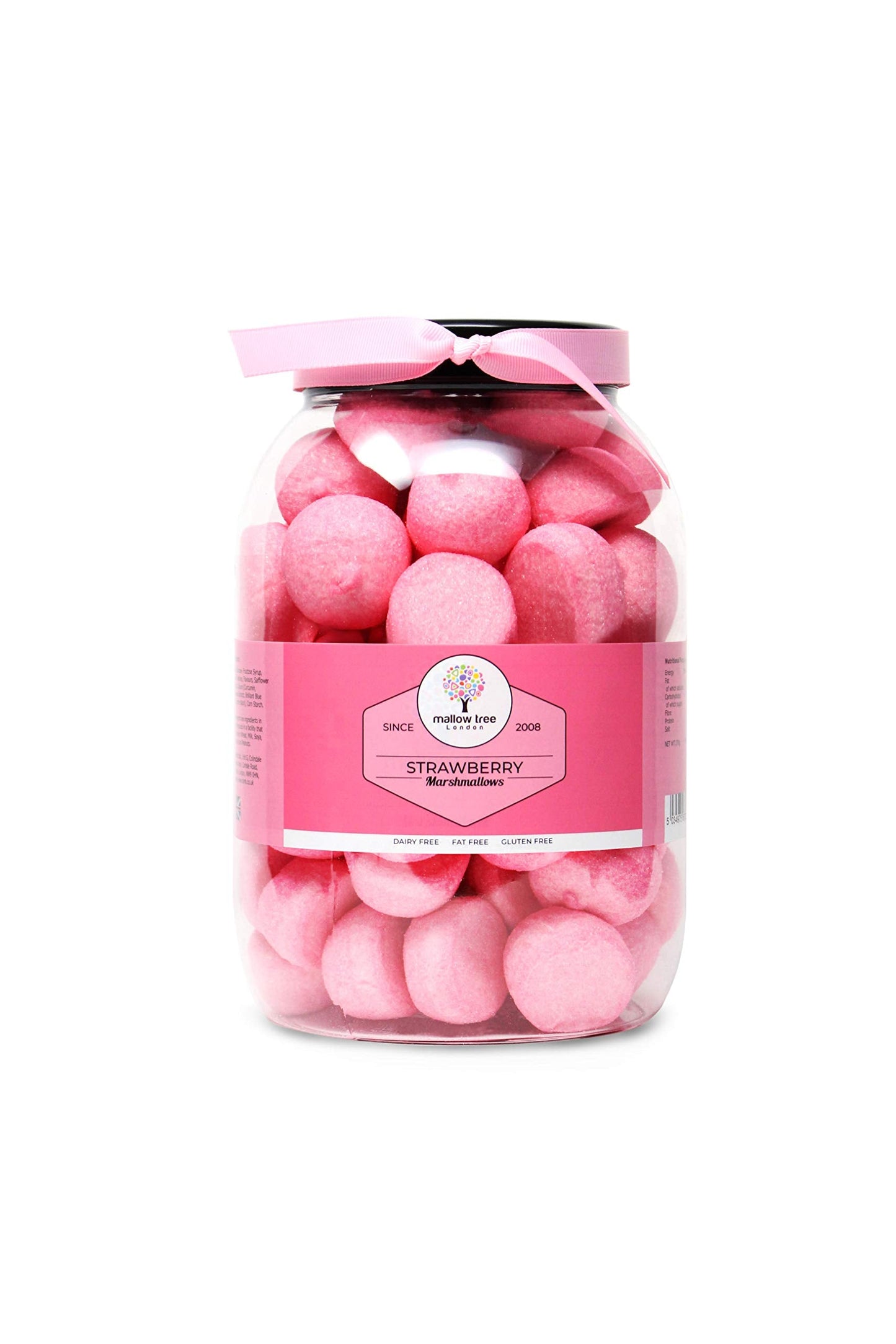Strawberry Flavoured Pink Marshmallow Balls in a Pink Ribbon Gift Jar, 600 g By Mallow Tree, Luxury Sweet Gift Ideas, Soft & Fluffy Marshmallow Ribbon