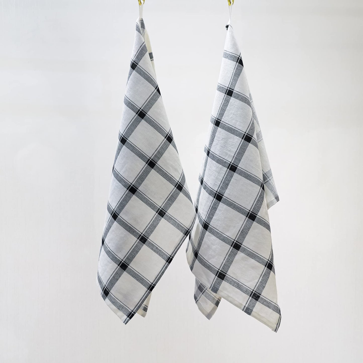 linendo Linen Cotton Kitchen Towels 50 x 75 cm Black/White Checks - Set of 2 Pack, Natural Fabric Washable Tea Towels, Highly Absorbent Dish Towels,