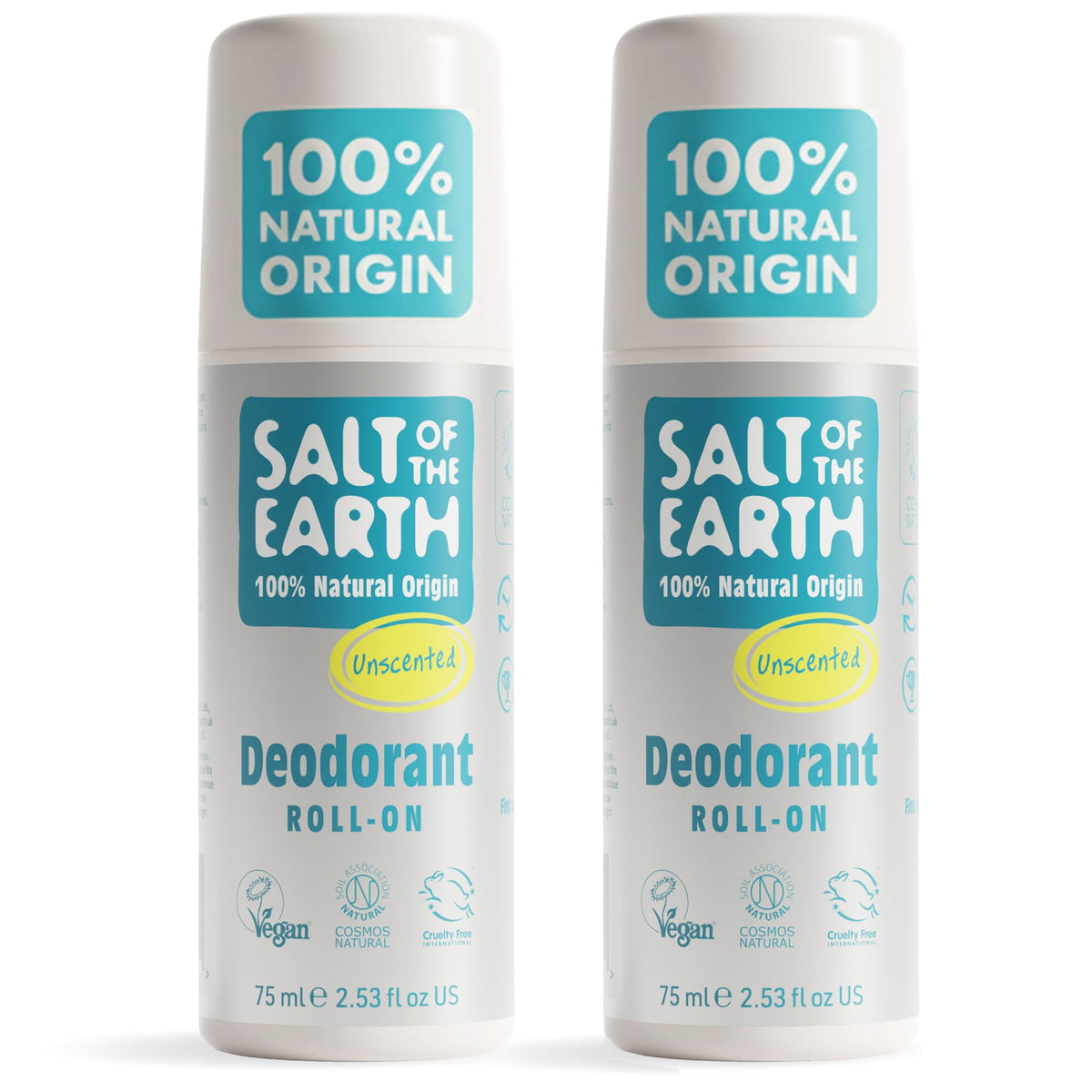 Salt of the Earth - 2 Pack Natural Roll On Deodorant Bundle (2 x 75ml) - 100% Natural Origin Ingredients, Vegan & Fragrance Free Unisex Roll On, Made