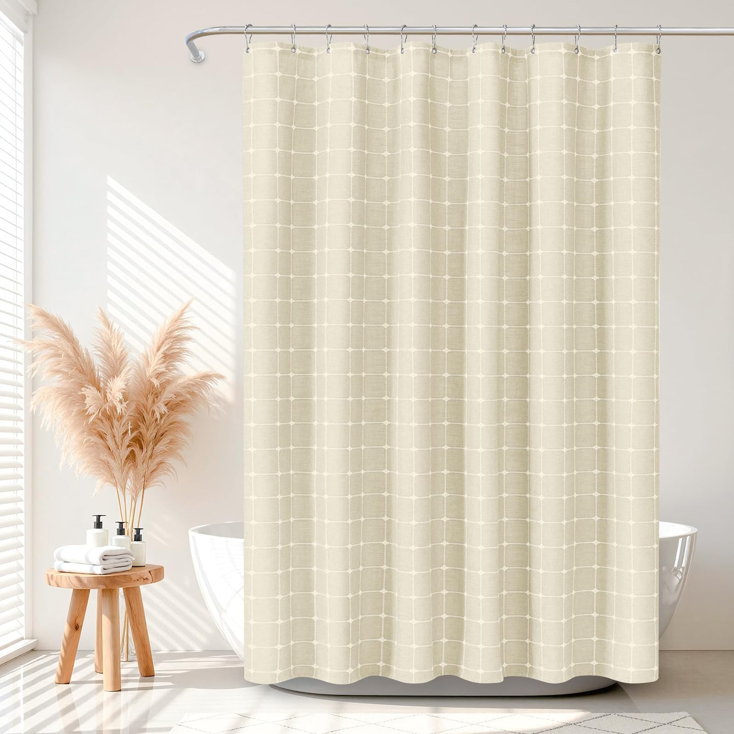 VANZAVANZU Boho Plaid Shower Curtain, Checkered Polyester-Linen Fabric Waterproof coating Shower Curtains for Bathroom, Farmhouse Rustic Shabby Chic