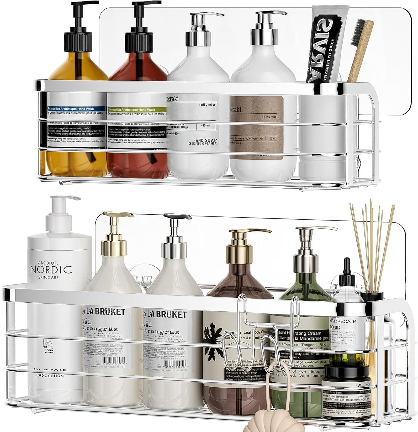 Luxear Shower Caddy Adhesive No Drilling Stainless Steel Wall Mounted Shower Shelf with Razor Hooks Bathroom organiser for Shampoo Conditioner,