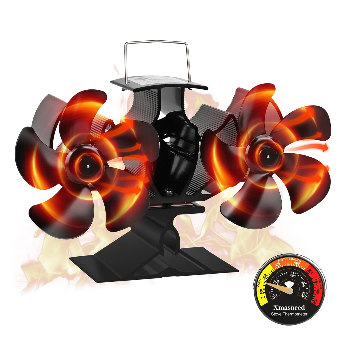 Xmasneed Dual Log Burner Fan, 10 Blades Stove Fan, Silent Operation for Wood Burning Stove, Woodburner Fan for Wood/Log Burners/Fireplace/Increased