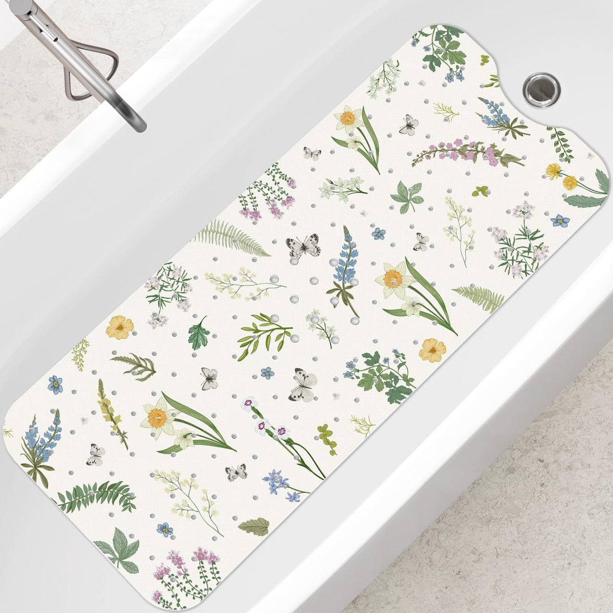 SHUCHING Green Leaves Flower Bath Mat Non Slip Anti Mould, 100 X 40 cm Extra Long Bathtub Mat Anti Slip, Shower Mat Non Slip Anti Mould for Bathroom