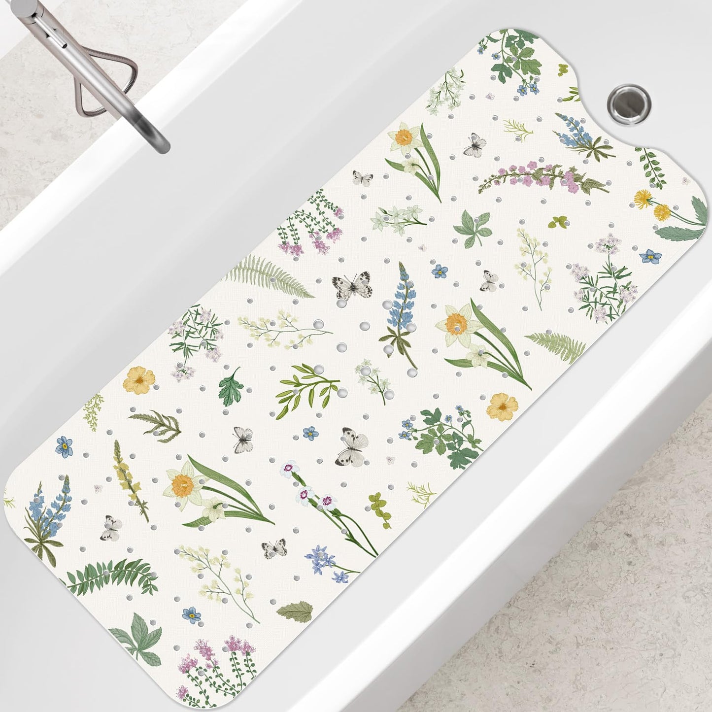 SHUCHING Green Leaves Flower Bath Mat Non Slip Anti Mould, 100 X 40 cm Extra Long Bathtub Mat Anti Slip, Shower Mat Non Slip Anti Mould for Bathroom