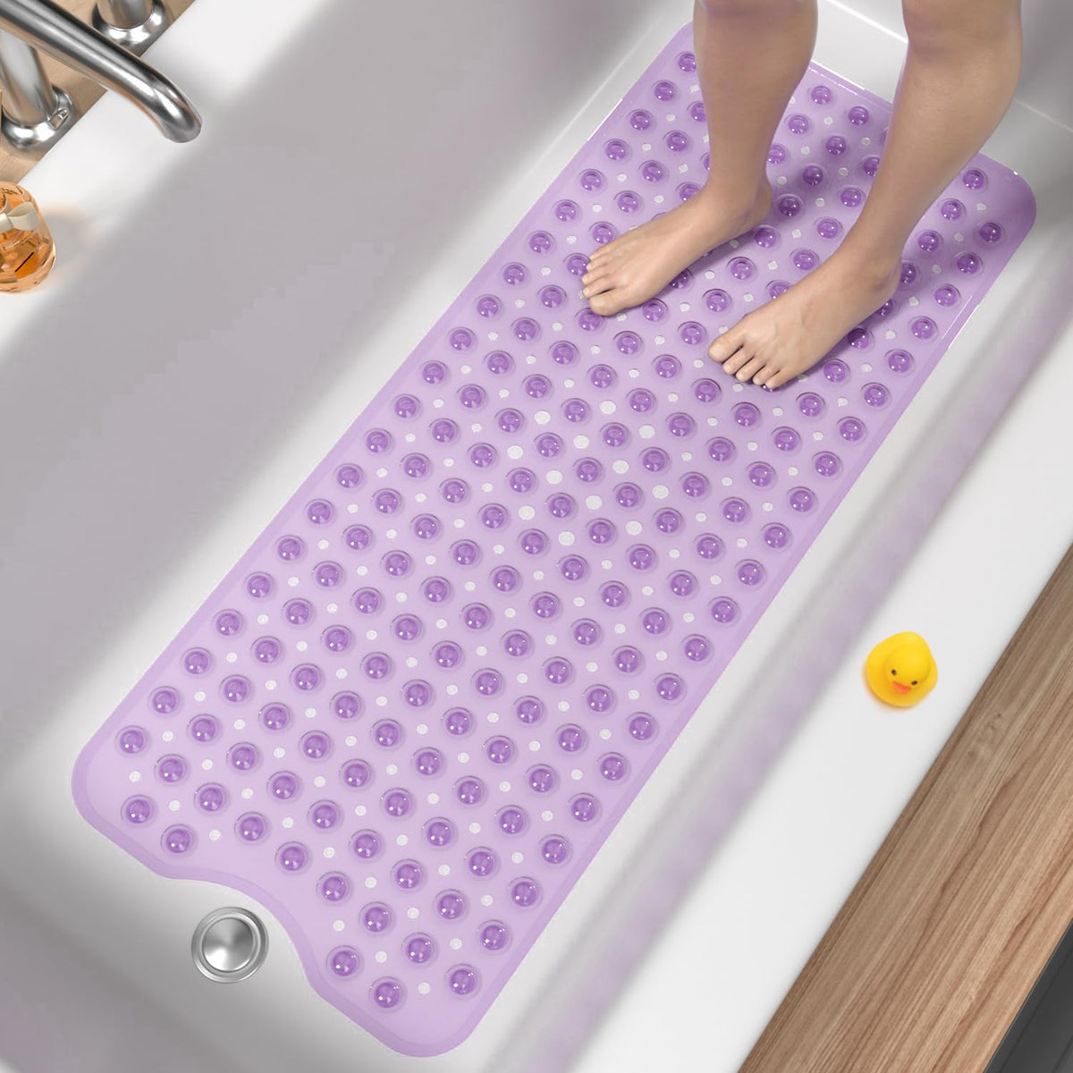 HITSLAM Non Slip Bath Mat for Tub, 101 x 40cm Extra Long Shower Mat Anti Mould, Machine Washable Bathroom Bathtub Mat with Suction Cups and Drain