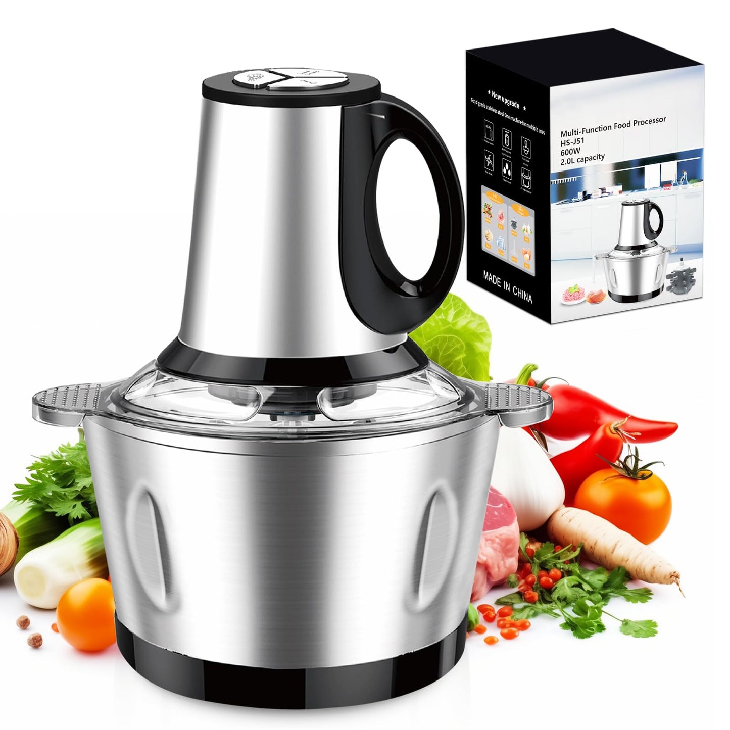 LUKVCIY Electric Mini Food Chopper, 3-Speed Control 600W Meat Grinder with 2L Stainless Steel Bowl for Kitchen Cooking, Baby Food, Pet Meals