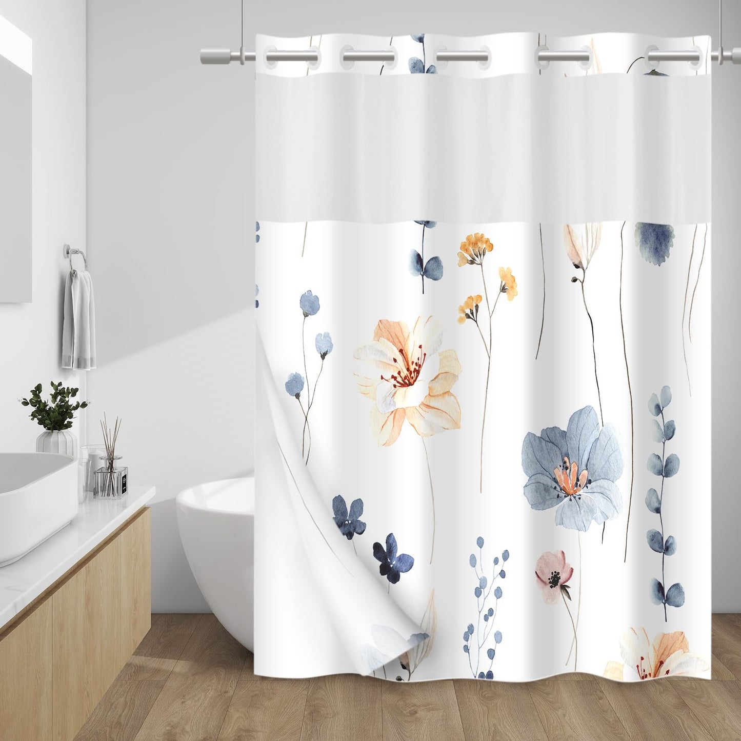 WITHLOC No Hook Shower Curtain with Snap in Liner - Watercolor Floral Shower Curtain - Fabric Waterproof Inner Liner, Plants Blue Beige Flowers White