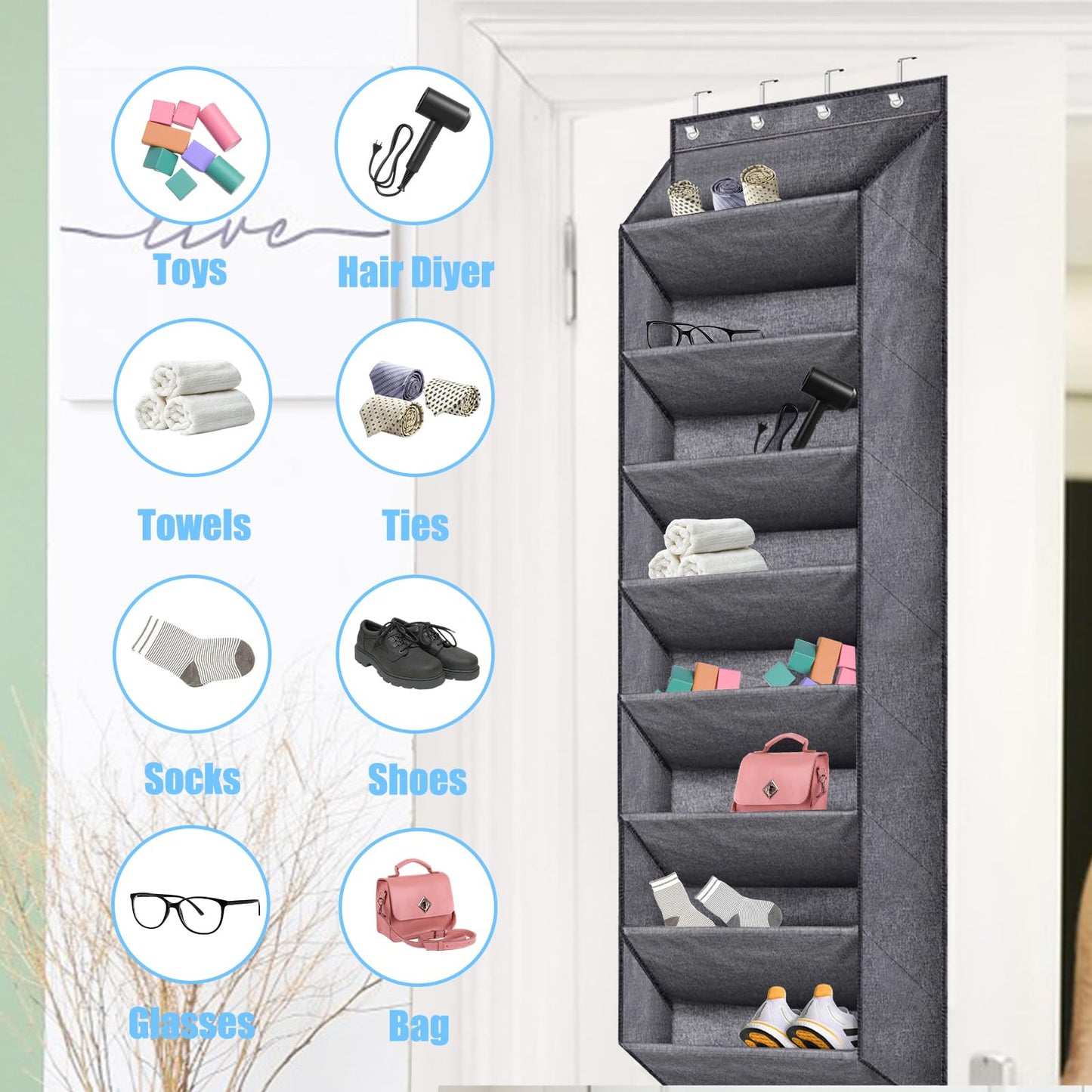 QUMENEY 8 Shelves Over Door Shoe Organizer Hanging Shoe Rack for Door Closet with Deep Pockets Back of Door Storage fits 24 Pairs Shoe Holder(Gray)