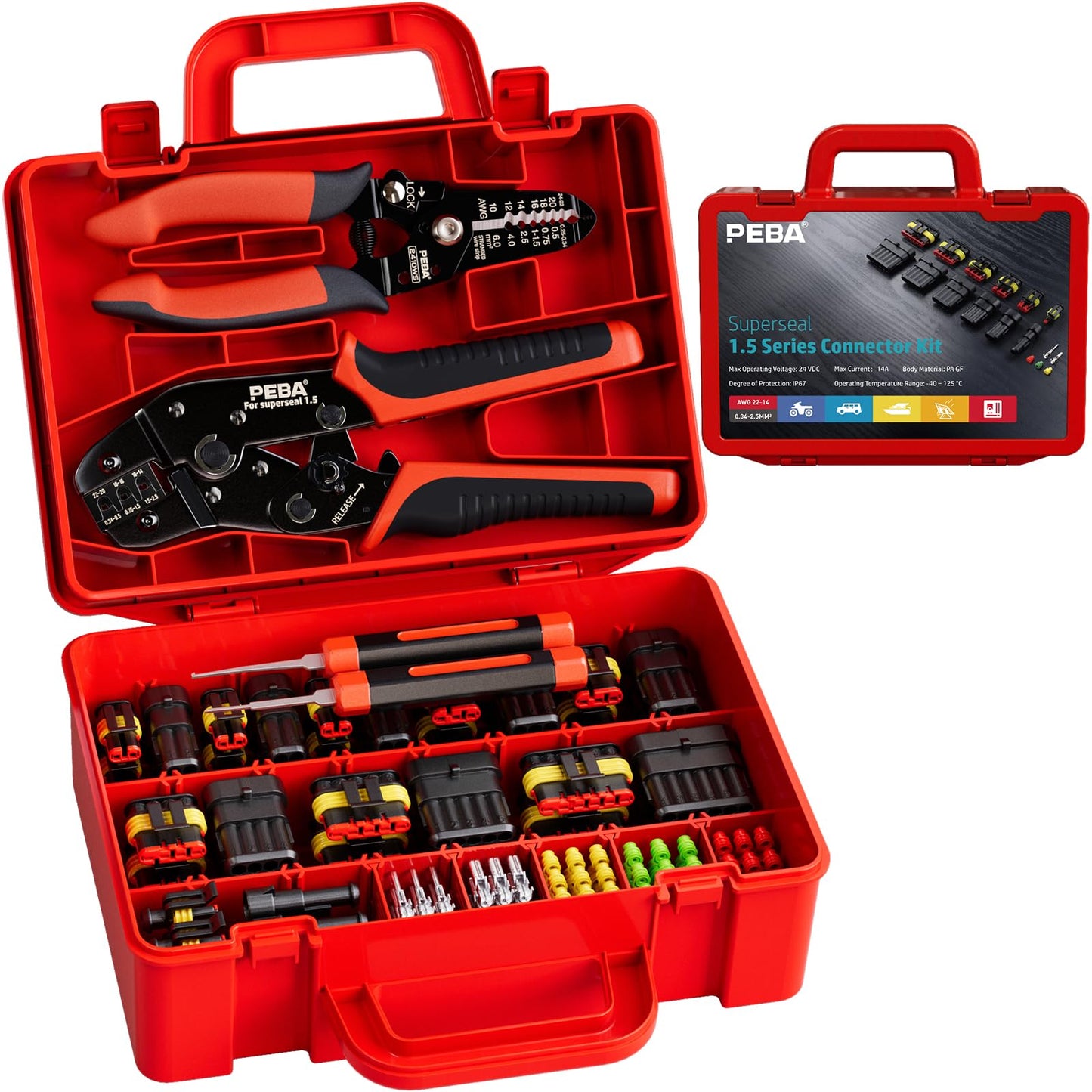 PEBA Waterproof Car Electrical Connector Crimping Tool Kit, 1/2/3/4/5/6-Pin Way Waterproof Electrical Connector, Ratchet Crimper Tool for AWG 22-14