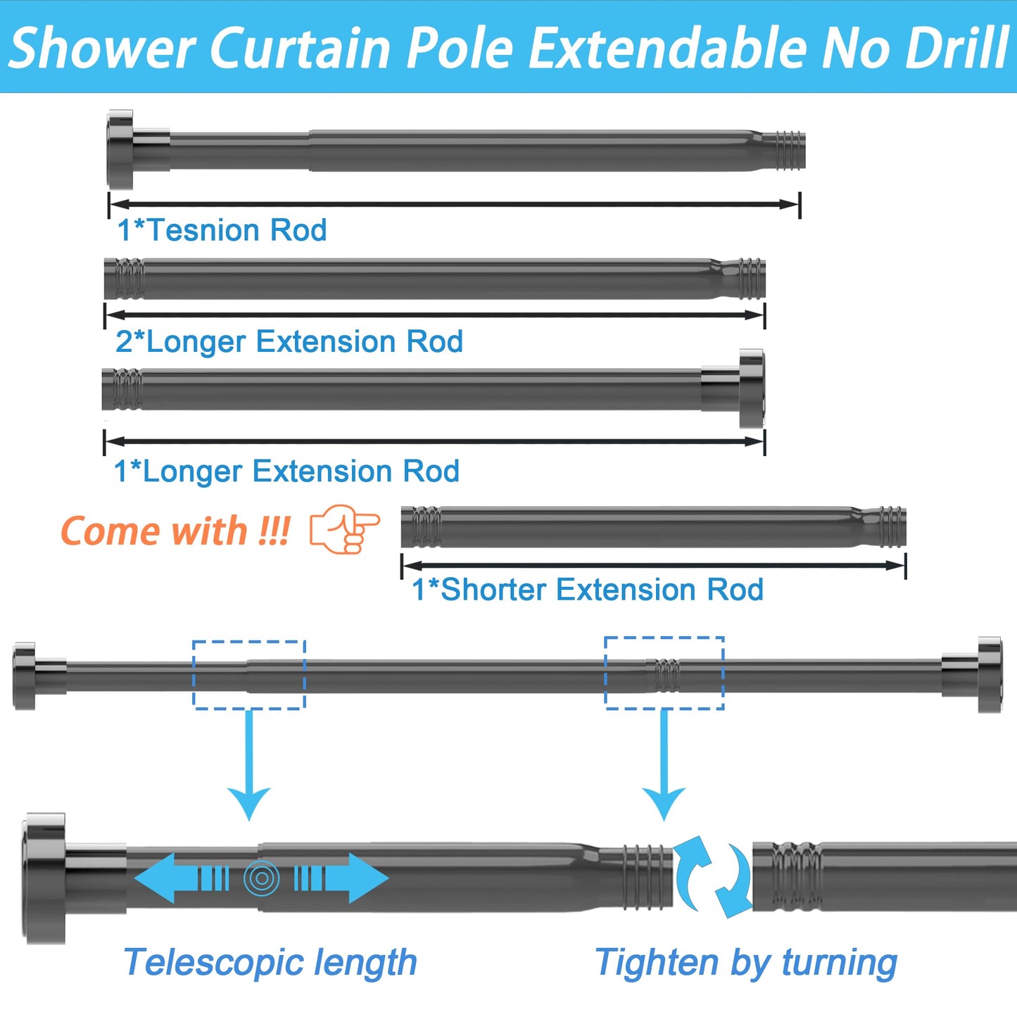 Tension Rod Curtain Poles No Drilling Shower Curtain Rail Extendable Stainless Steel Shower Curtain Pole No Drill Curtain Pole for Bathroom, Window