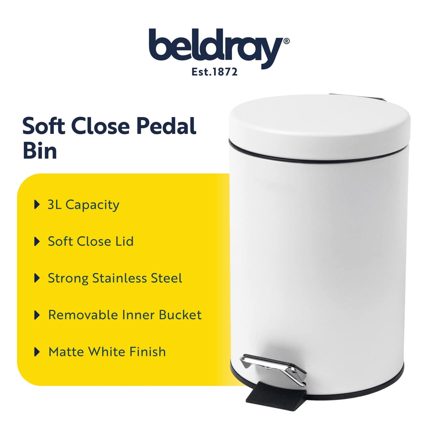 Beldray Soft Close Pedal Bin 3L, Round Bathroom Waste Bin, White