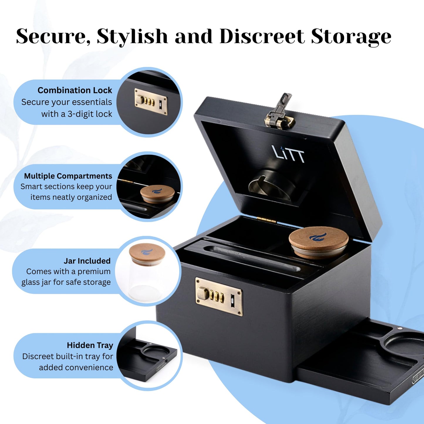 LITT Wooden Stash Box with Combination Lock, Black