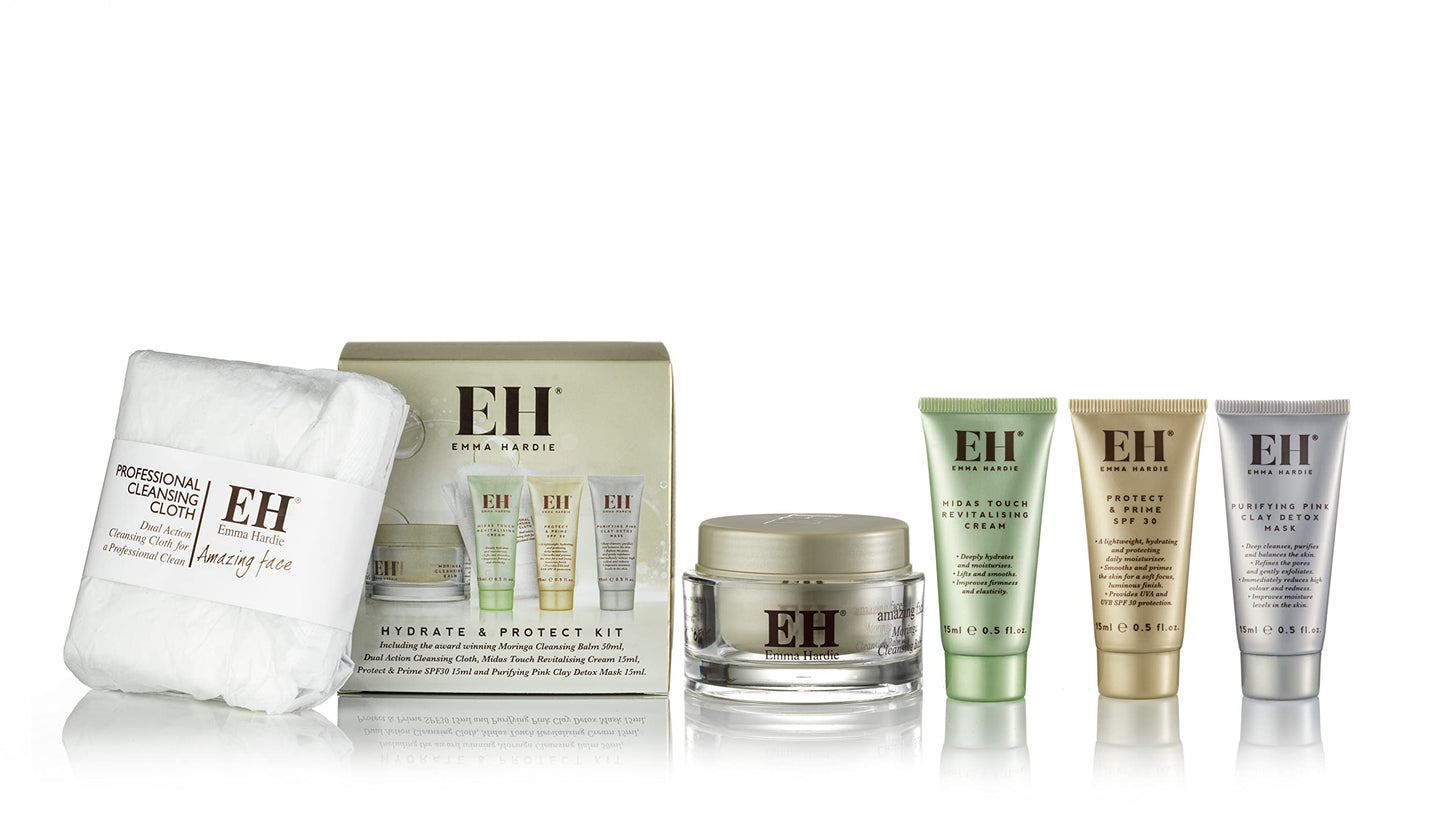 Emma Hardie Hydrate & Protect Gift Set: Moringa Cleansing Balm 50ml, Midas Touch Cream 15ml, Protect & Prime SPF30 Cream 15ml, Pink Clay Detox Mask &